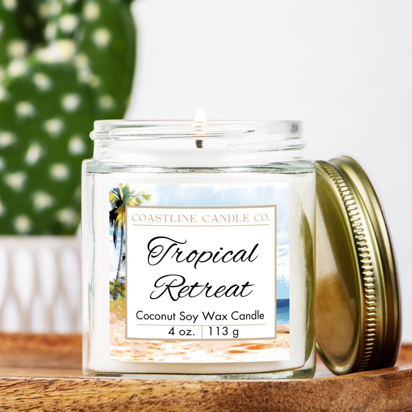 Tropical Retreat Scented 4 oz. Coconut Soy Wax Candle, Clear Jar with Gold Lid, Cotton Wick