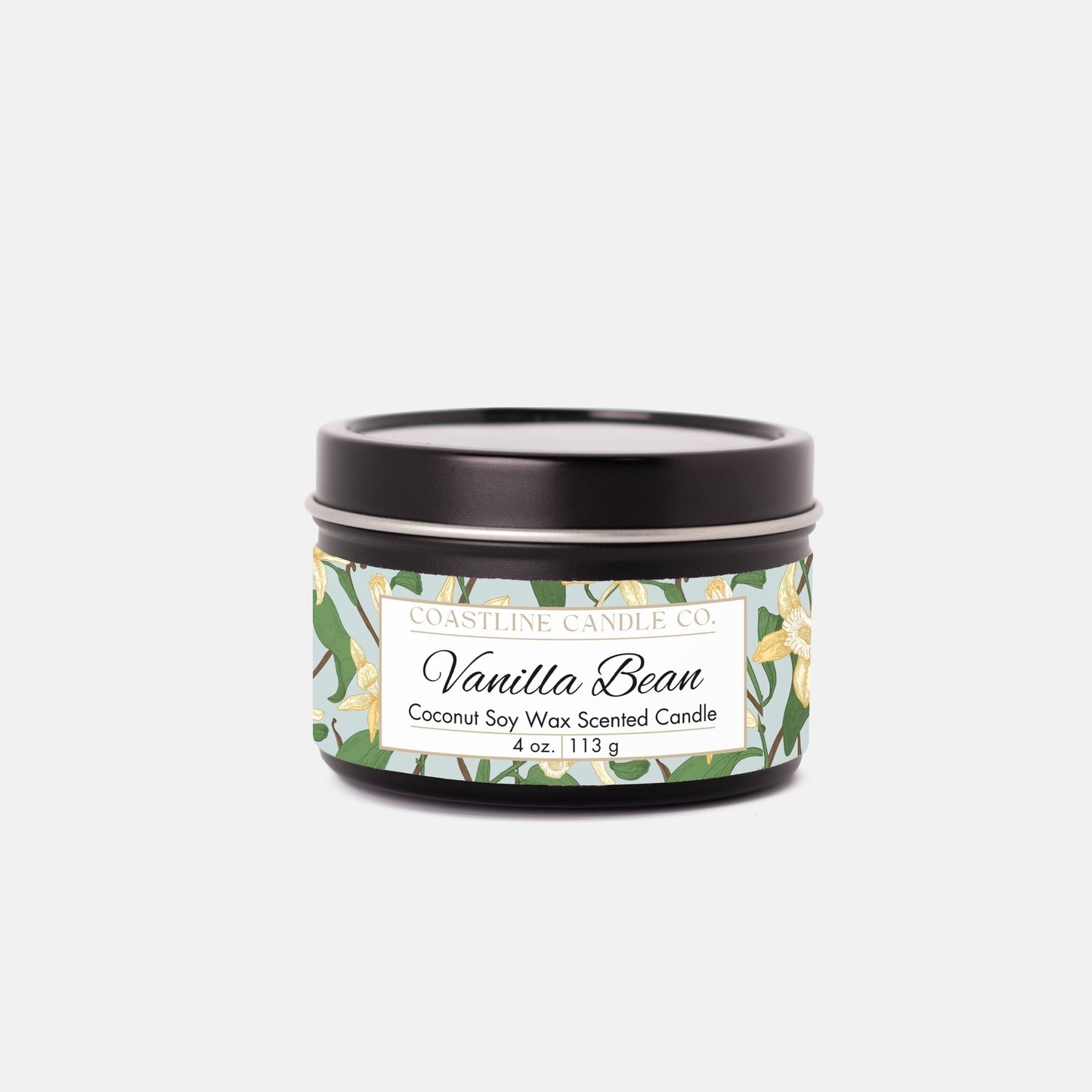 Vanilla Bean Scented Coconut Soy Wax Candle, 4 oz. Black Tin Jar with Lid