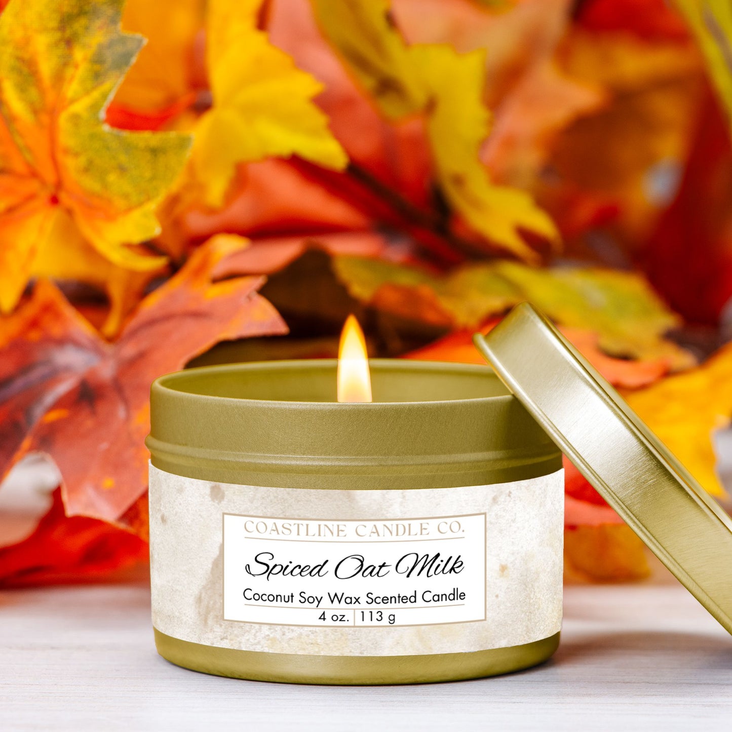 Spiced Oat Milk Scented Coconut Soy Wax Candle, 4 oz. Gold Tin Jar with Lid