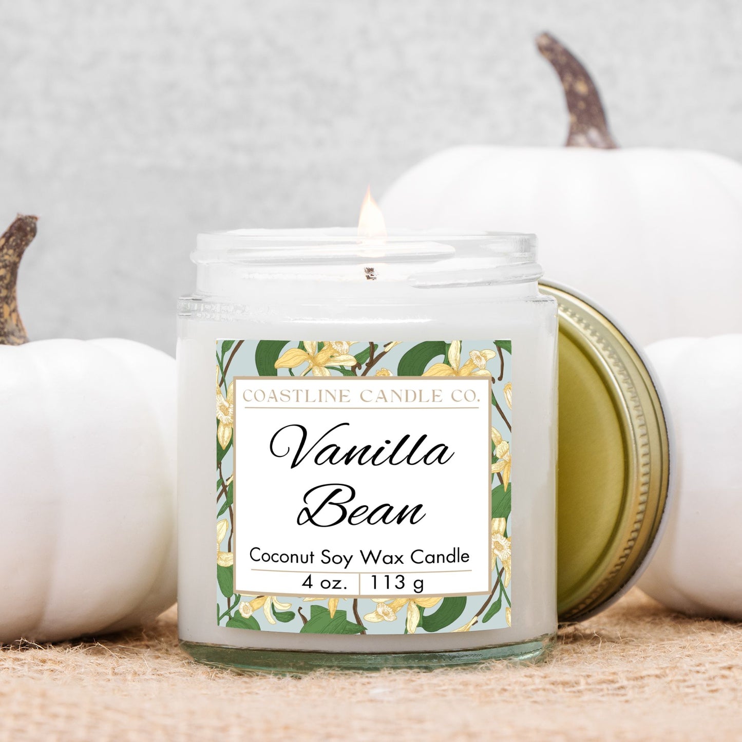 Vanilla Bean Scented 4 oz. Coconut Soy Wax Candle, Clear Jar with Gold Lid, Cotton Wick