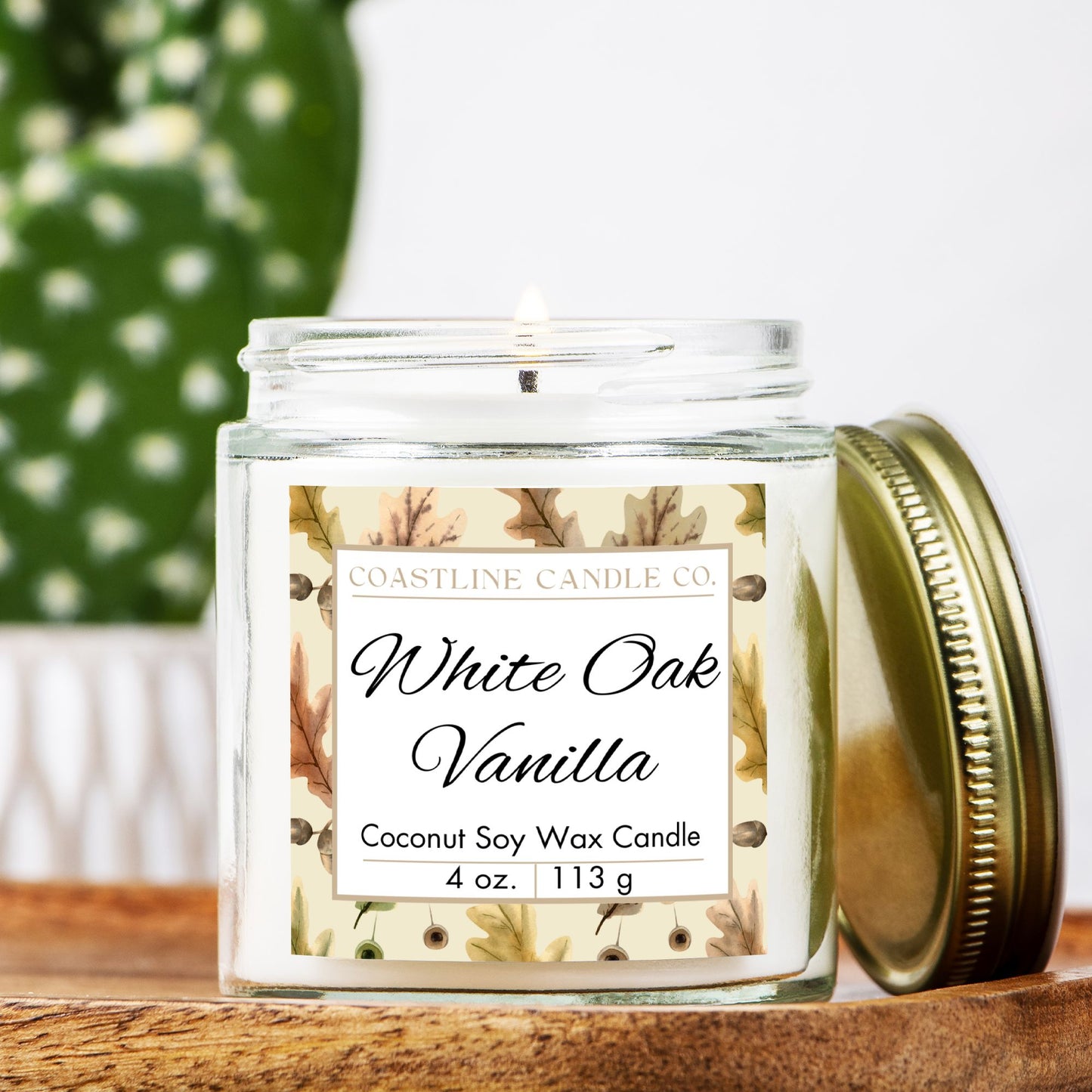 White Oak Vanilla Scented 4 oz. Coconut Soy Wax Candle, Clear Jar with Gold Lid, Cotton Wick