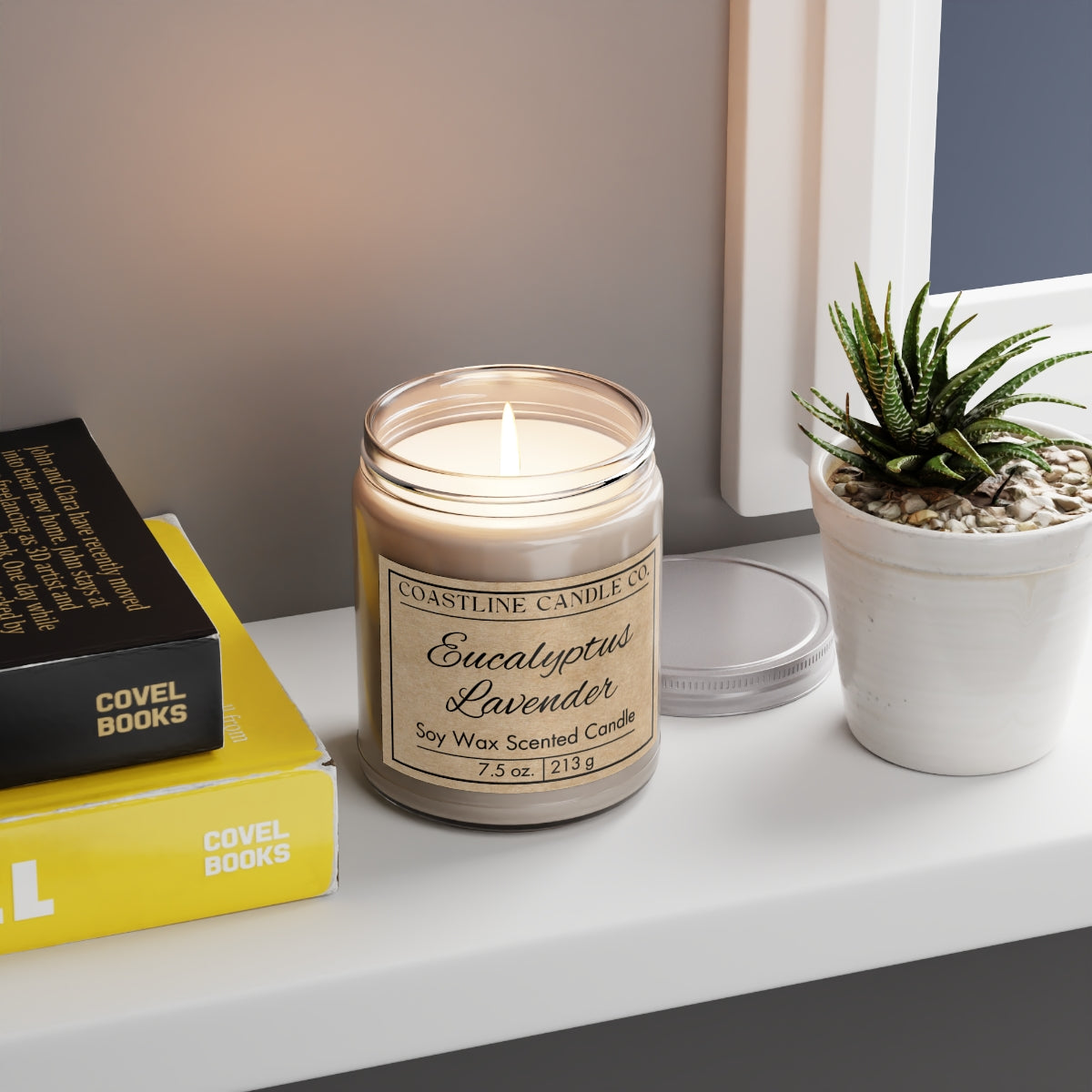 Eucalyptus Lavender 7.5 oz. Scented Soy Wax Candle, Clear Jar with White Lid - Kraft Label