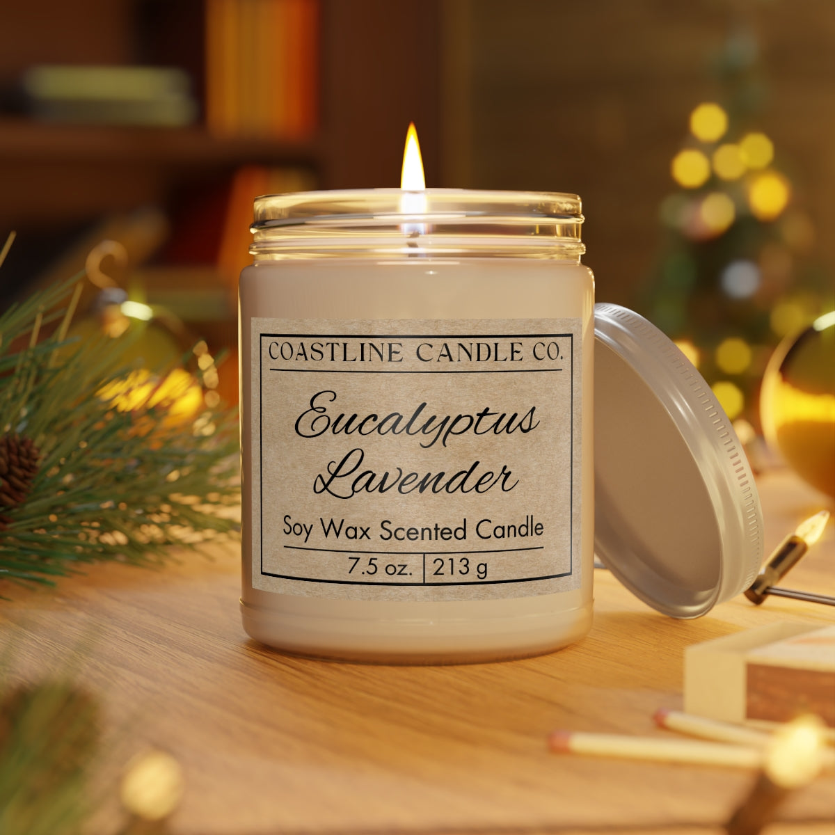 Eucalyptus Lavender 7.5 oz. Scented Soy Wax Candle, Clear Jar with White Lid - Kraft Label