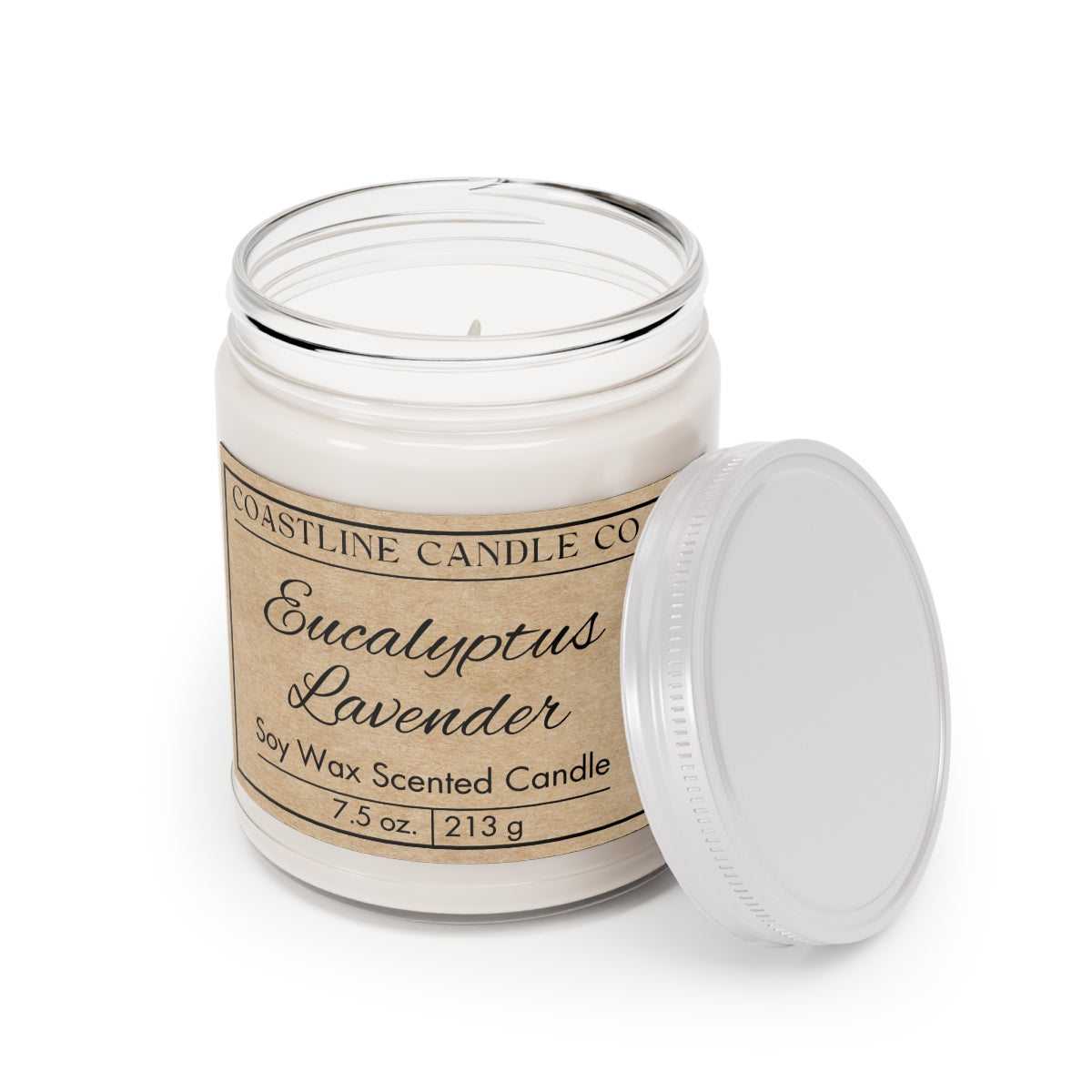 Eucalyptus Lavender 7.5 oz. Scented Soy Wax Candle, Clear Jar with White Lid - Kraft Label