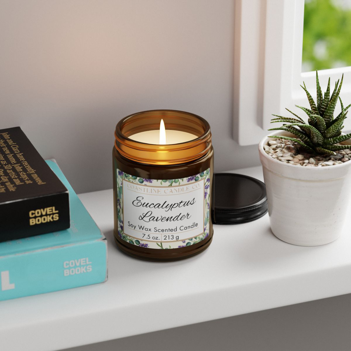 Eucalyptus Lavender 7.5 oz. Scented Soy Wax Candle, Amber Jar with Glossy Black Lid