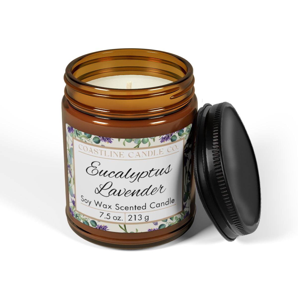 Eucalyptus Lavender 7.5 oz. Scented Soy Wax Candle, Amber Jar with Glossy Black Lid