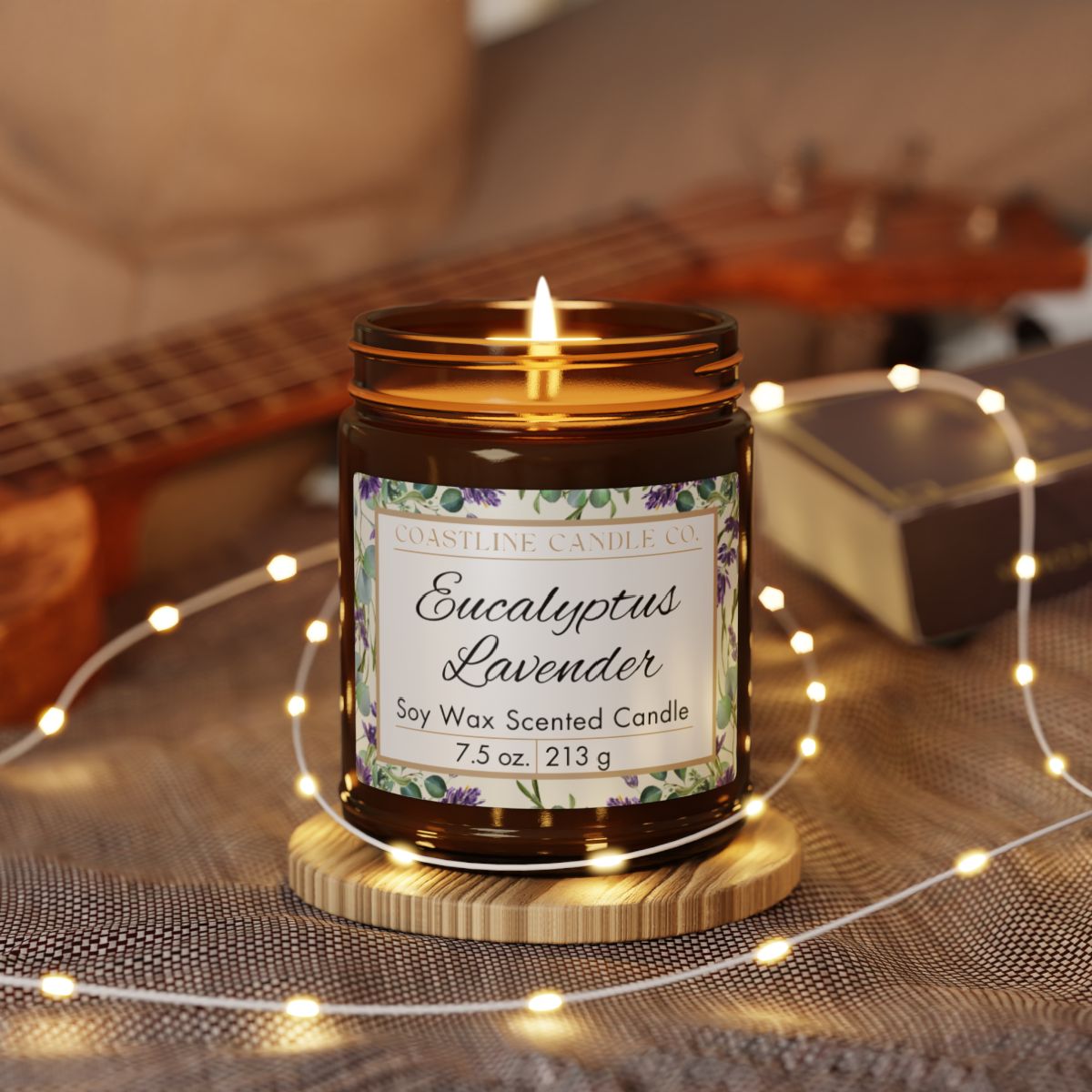 Eucalyptus Lavender 7.5 oz. Scented Soy Wax Candle, Amber Jar with Glossy Black Lid