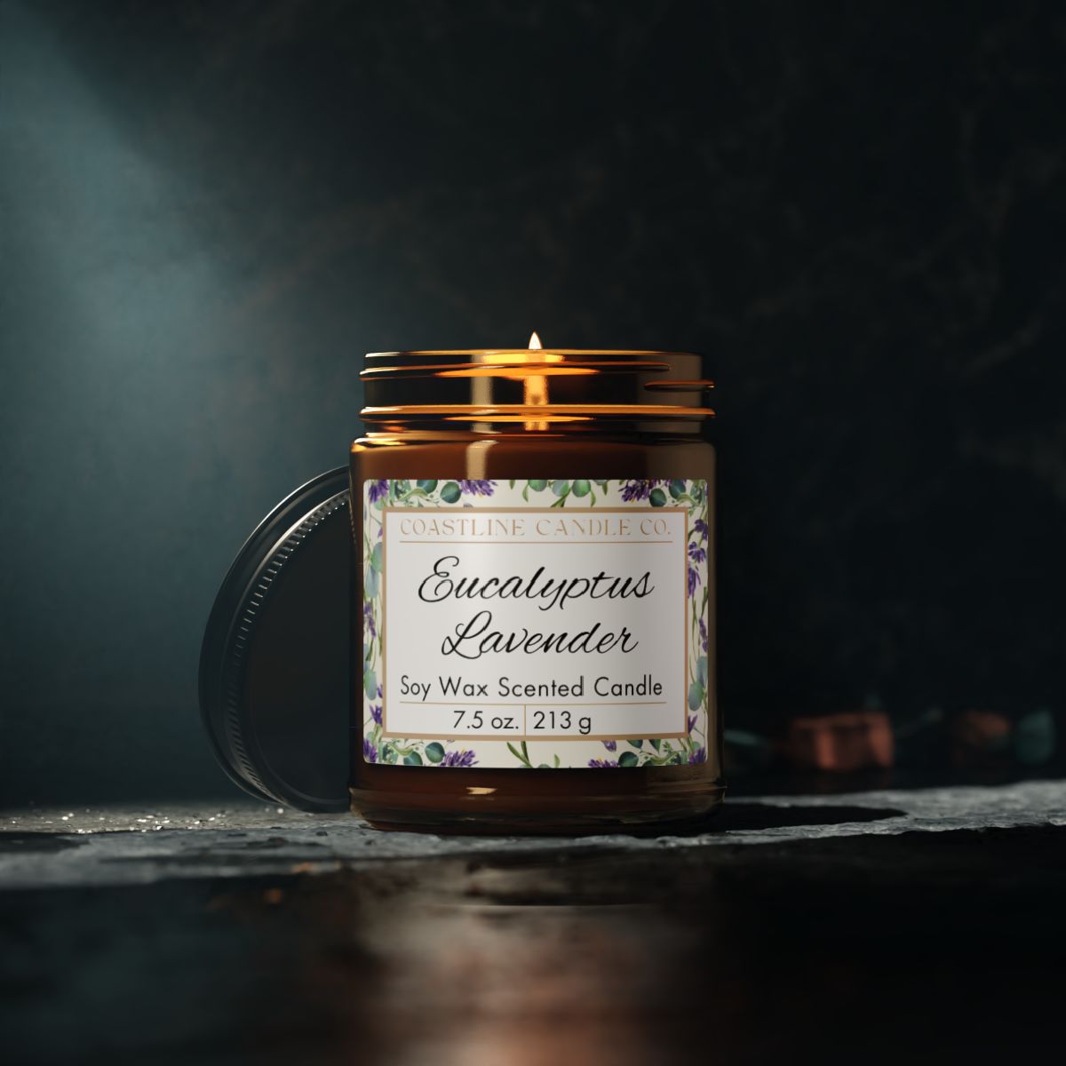 Eucalyptus Lavender 7.5 oz. Scented Soy Wax Candle, Amber Jar with Glossy Black Lid