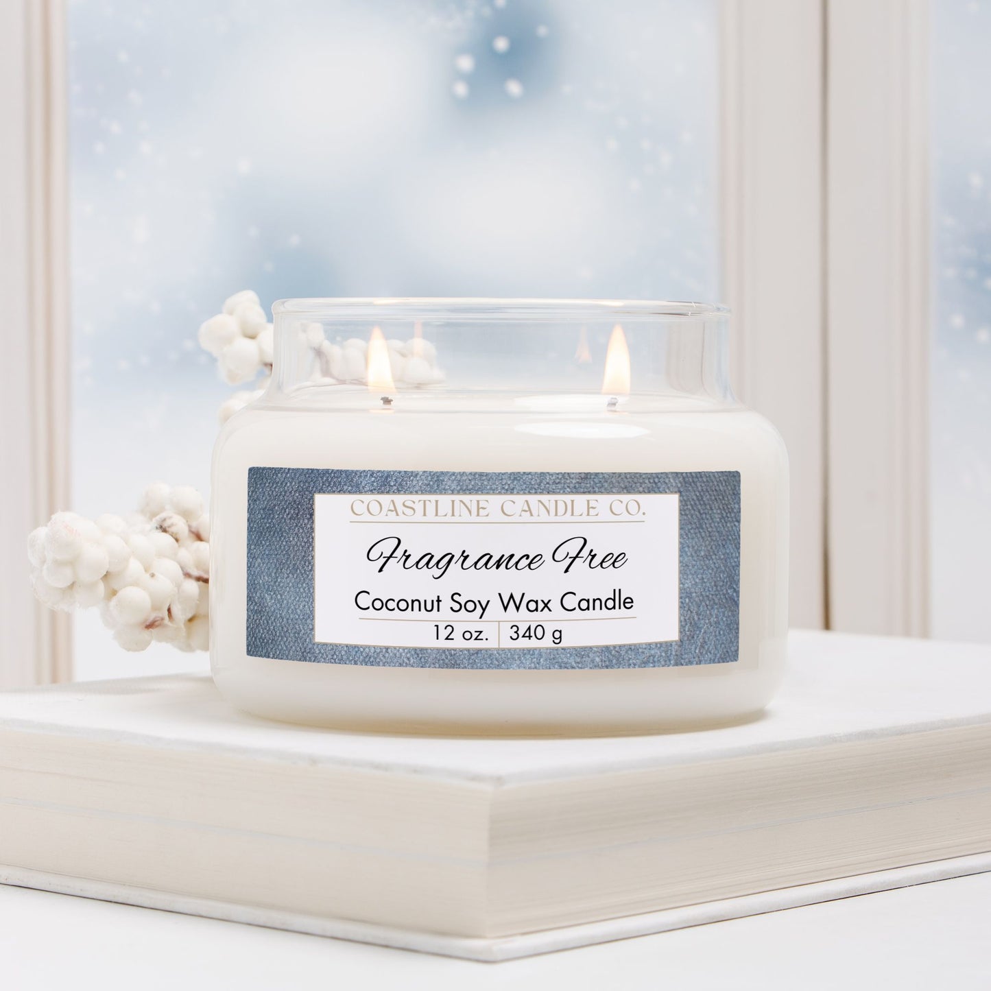 Fragrance Free 12 oz. Coconut Soy Wax Candle, Clear Apothecary Jar with Gold Lid, Double Cotton Wicks