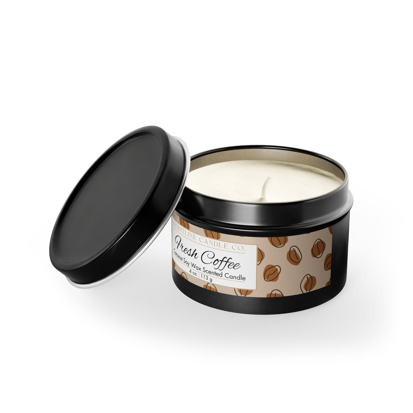 Fresh Coffee Scented Coconut Soy Wax Candle, 4 oz. Black Tin Jar with Lid