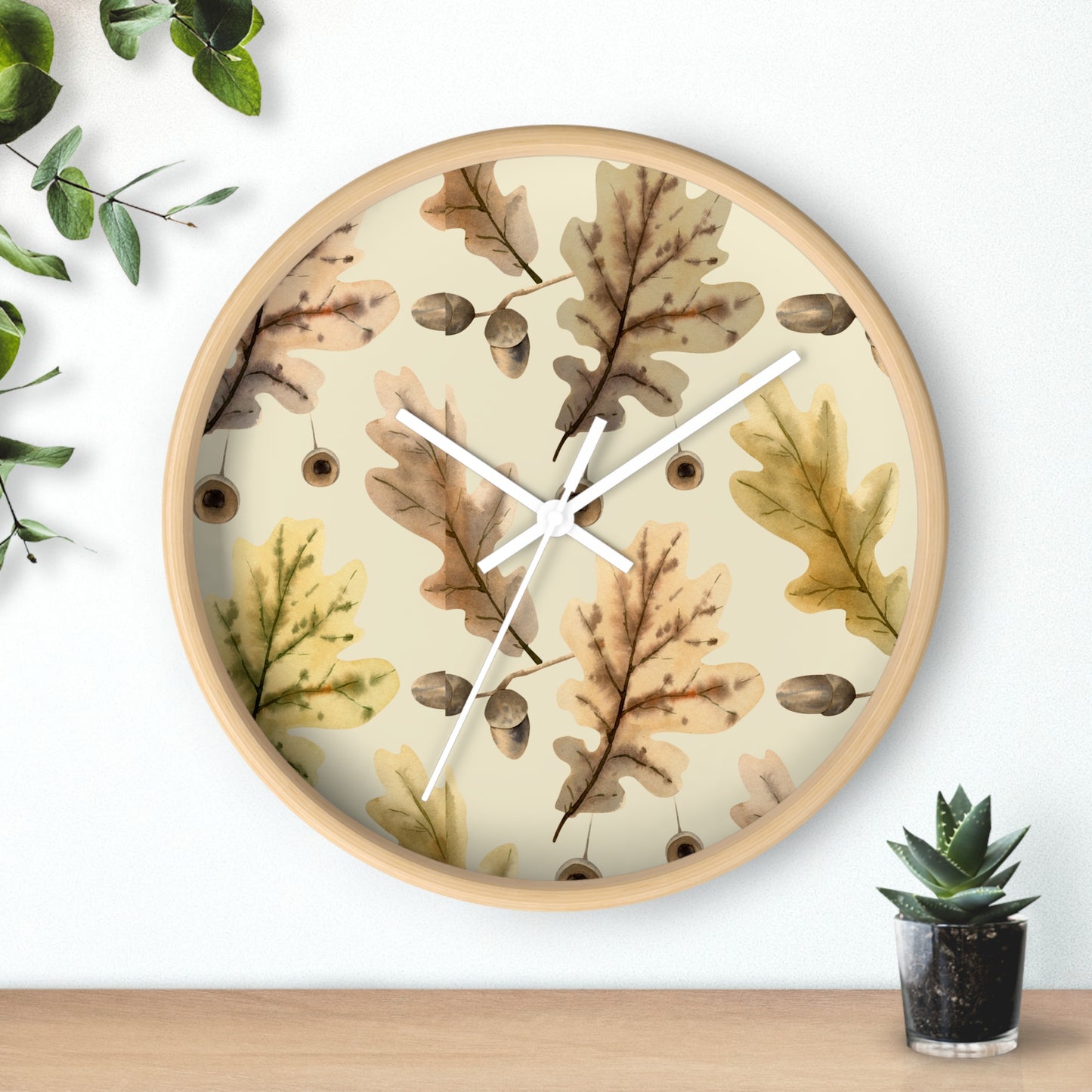 Oak Leaves Wall Clock - Select from Black, White or Natural Wood Color