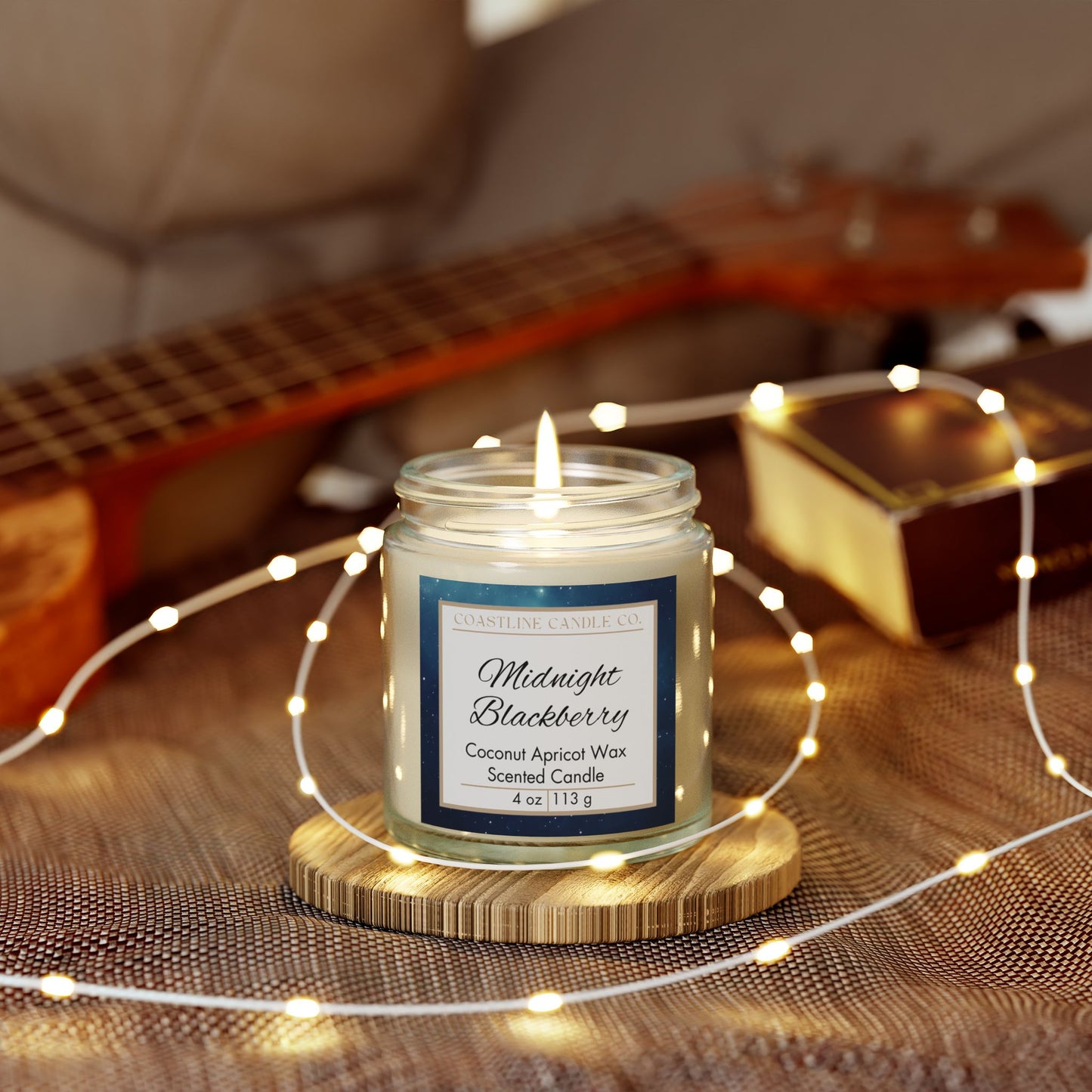 Midnight Blackberry Scented Coconut Apricot Wax Candle, 4 oz. Clear Jar with Gold Lid