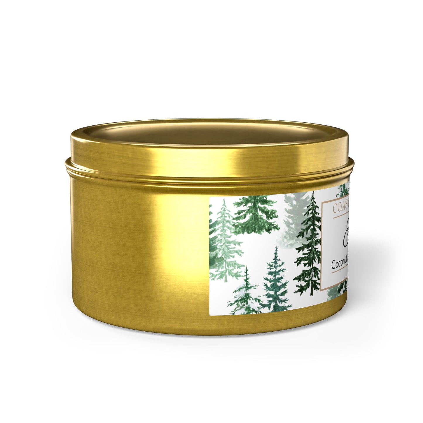 Evergreen Scented Coconut Soy Wax Candle, 8 oz. Gold Tin Jar with Lid