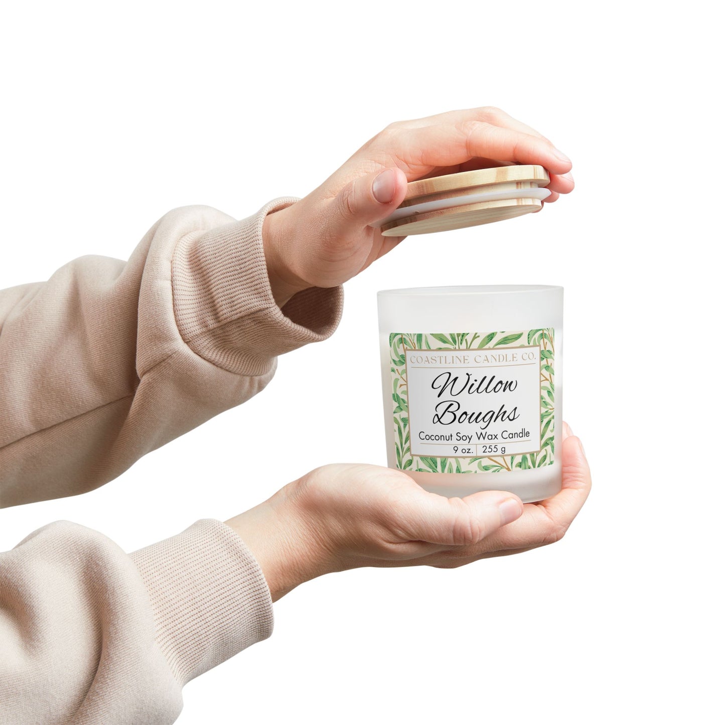 Willow Boughs Scented 9 oz. Coconut Soy Wax Candle, Frosted Jar with Wood Wick and Maple Wood Lid