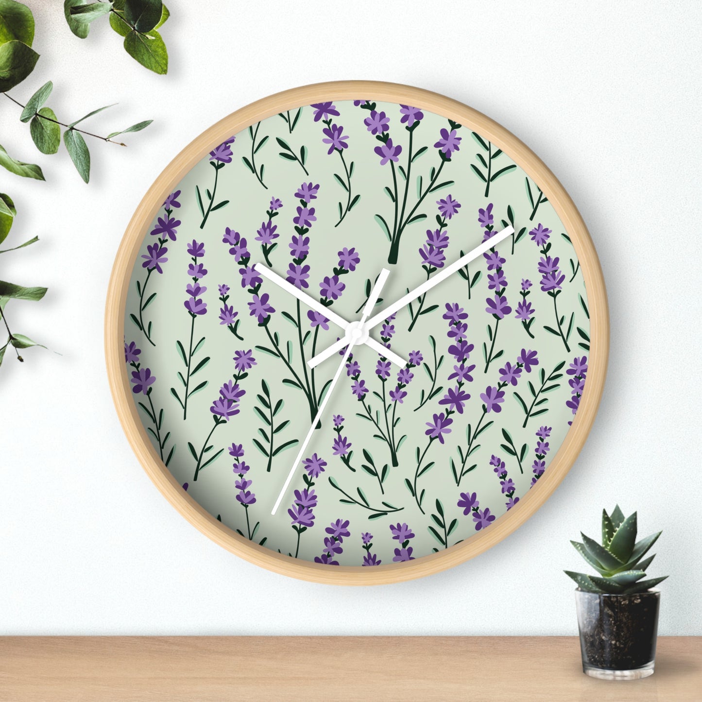 Lavender Sage Wall Clock - Select from Black, White or Natural Wood Color