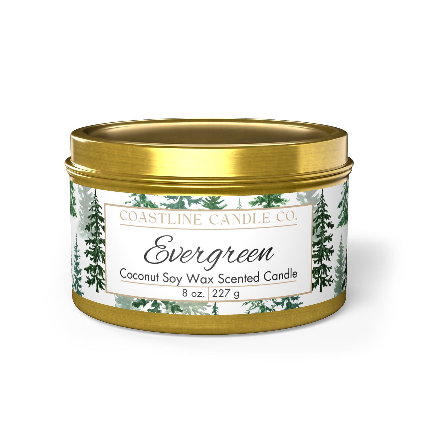 Evergreen Scented Coconut Soy Wax Candle, 8 oz. Gold Tin Jar with Lid