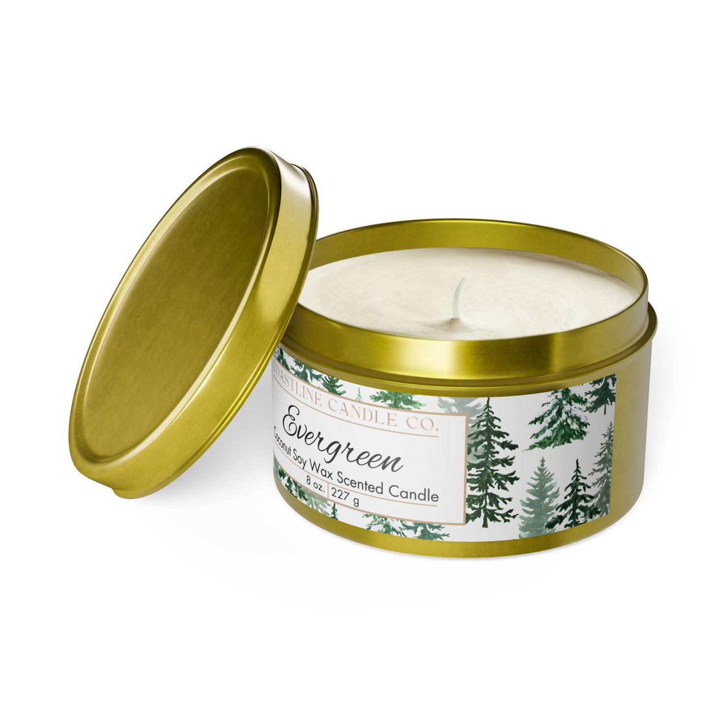 Evergreen Scented Coconut Soy Wax Candle, 8 oz. Gold Tin Jar with Lid