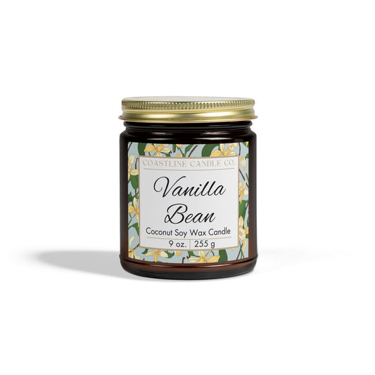 Vanilla Bean Scented Coconut Soy Wax Candle, 9 oz. Amber Jar with Gold Lid