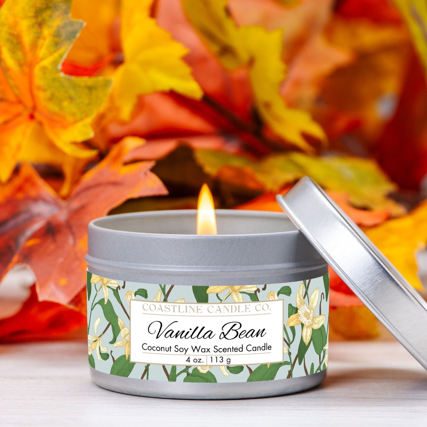 Vanilla Bean Scented Coconut Soy Wax Candle, 4 oz. Silver Tin Jar with Lid