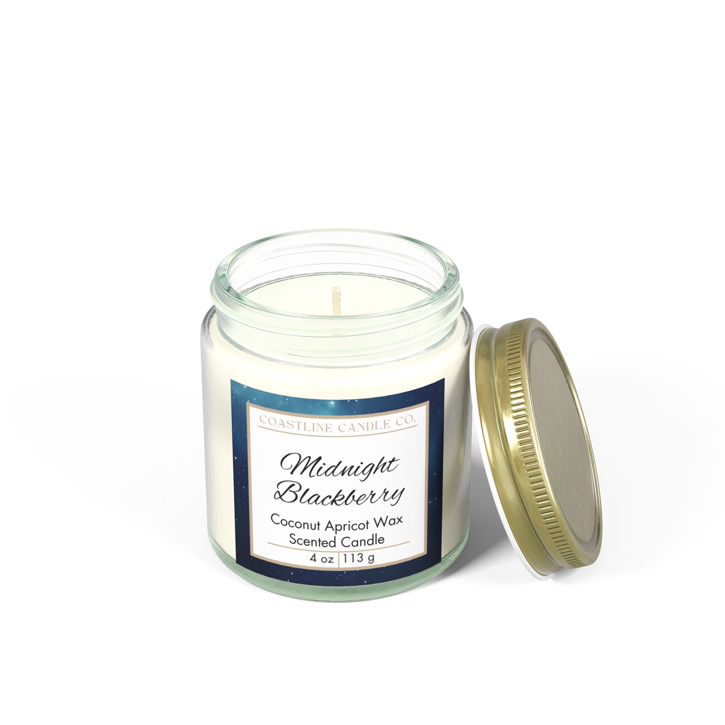 Midnight Blackberry Scented Coconut Apricot Wax Candle, 4 oz. Clear Jar with Gold Lid