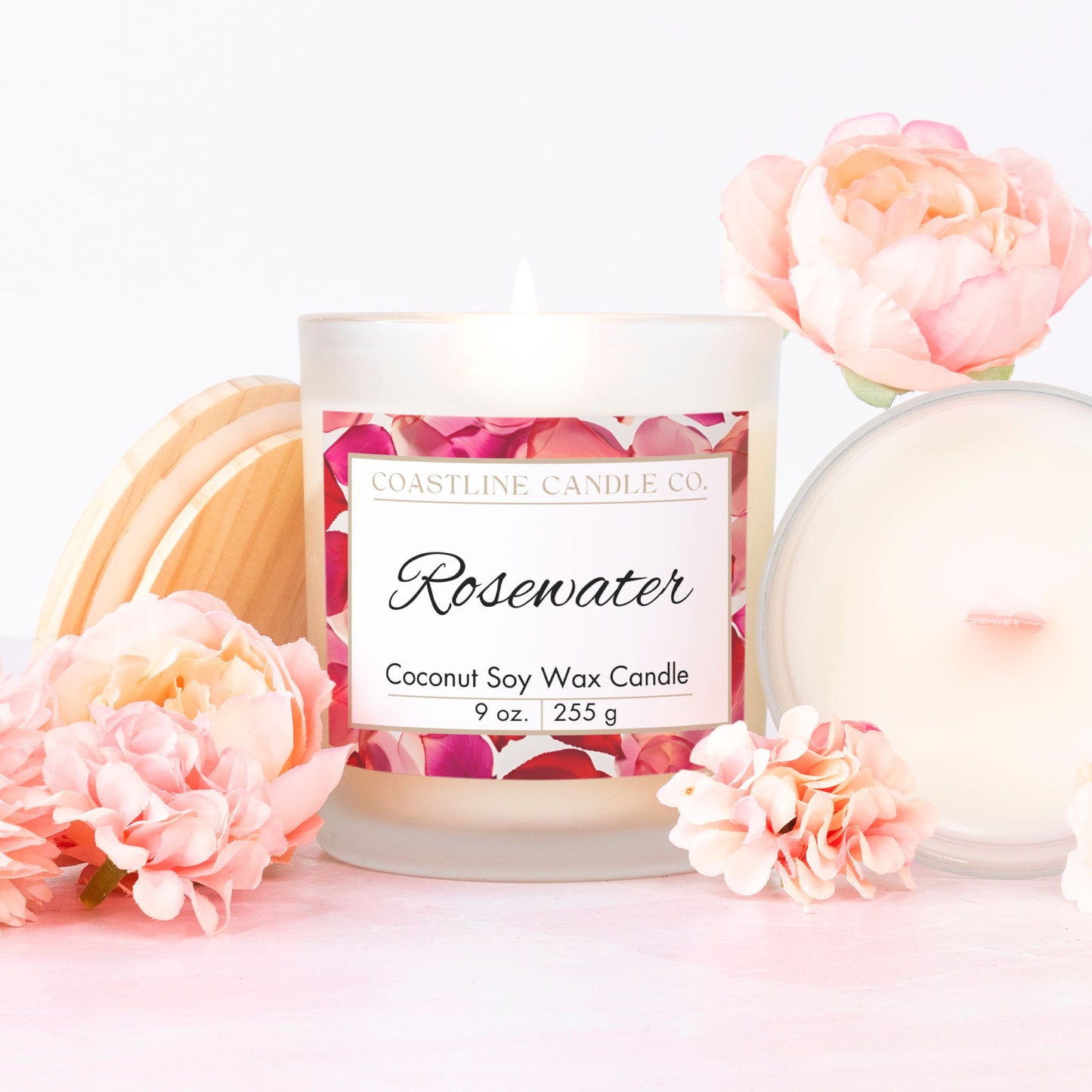 Rosewater Scented 9 oz. Coconut Soy Wax Candle, Frosted Jar with Pink Wood Wick and Maple Wood Lid