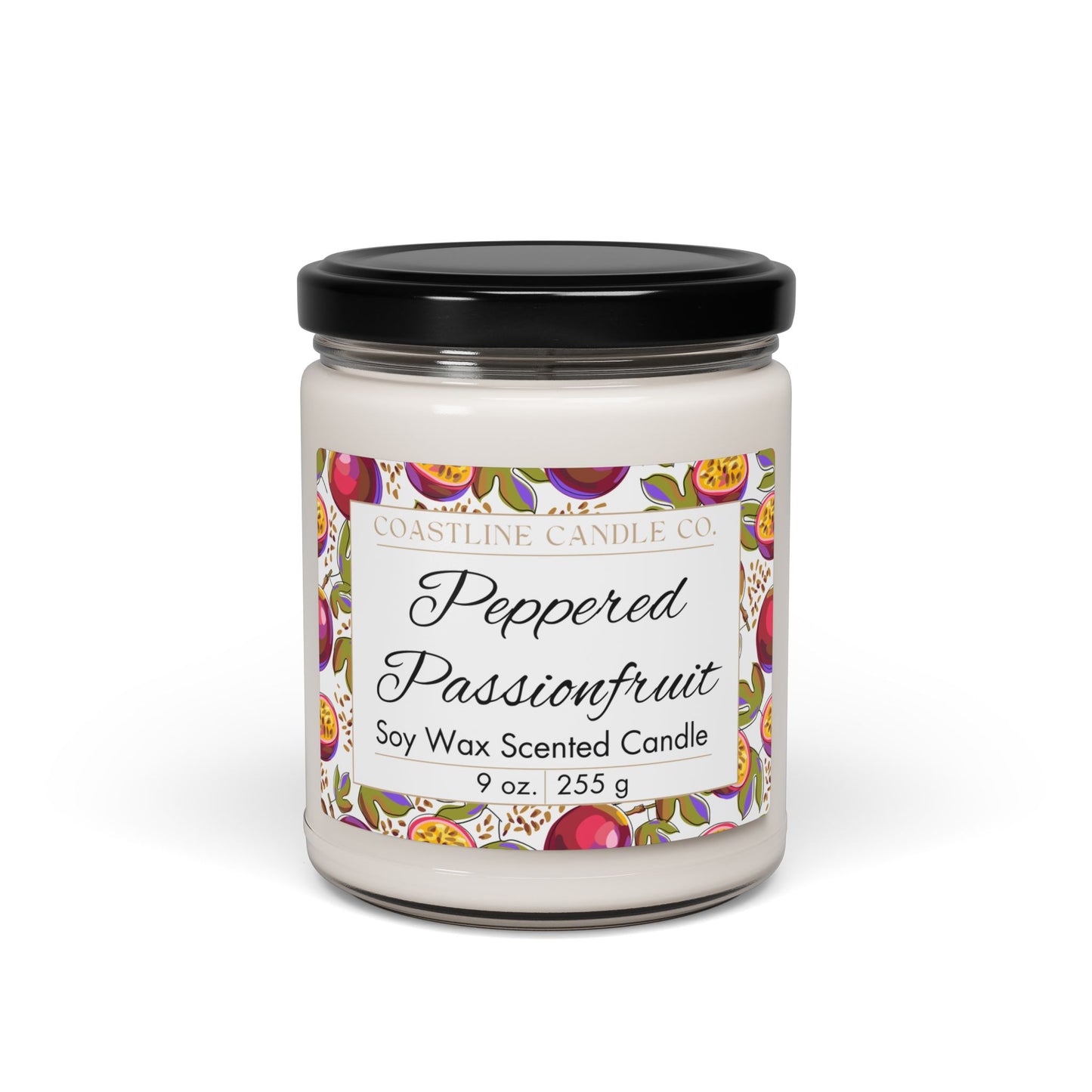 Peppered Passionfruit Scented Soy Wax Candle, 9oz Clear Jar with Black Lid