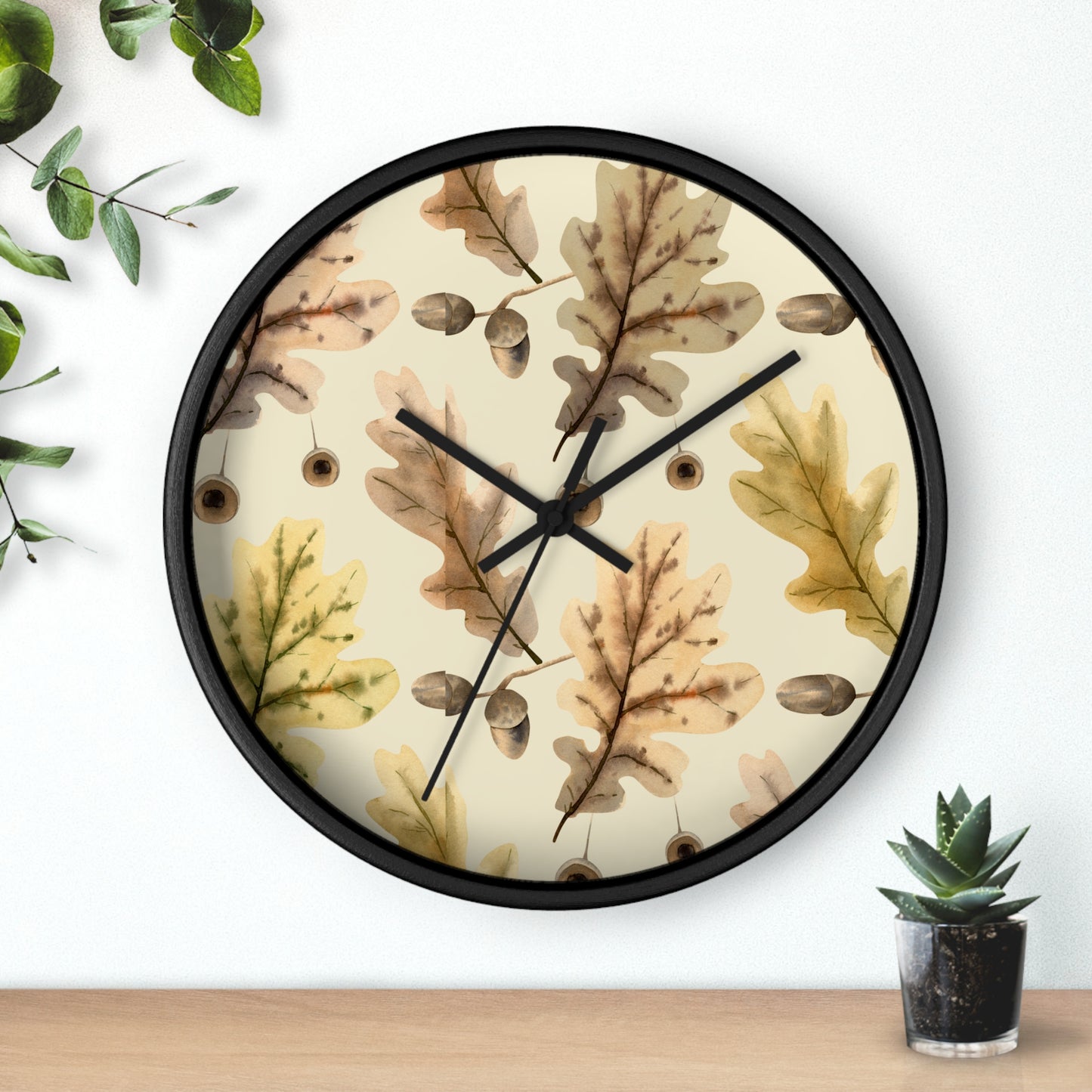 Oak Leaves Wall Clock - Select from Black, White or Natural Wood Color