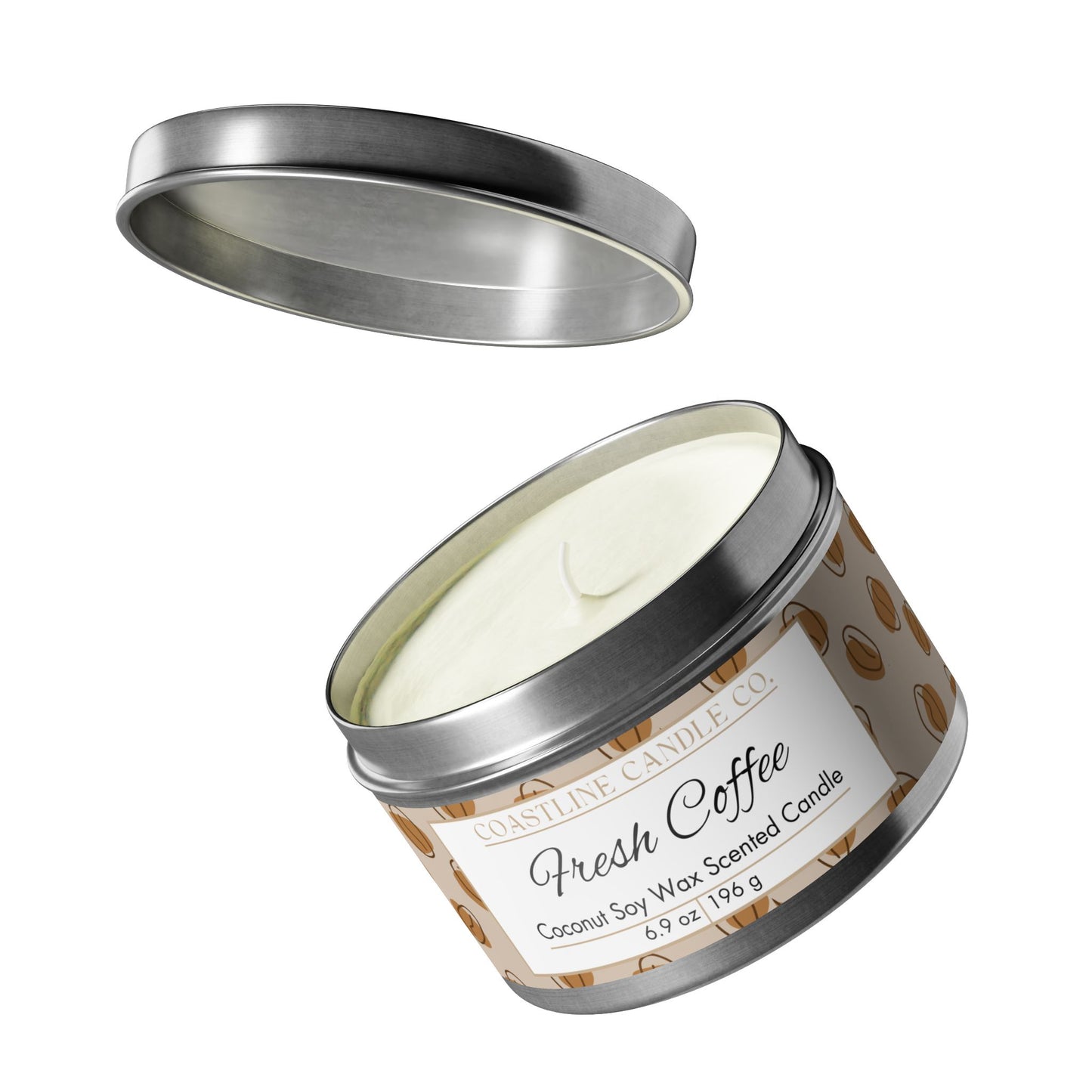Fresh Coffee Scented Coconut Soy Wax Candle, 8oz. Silver Tin Jar with Lid