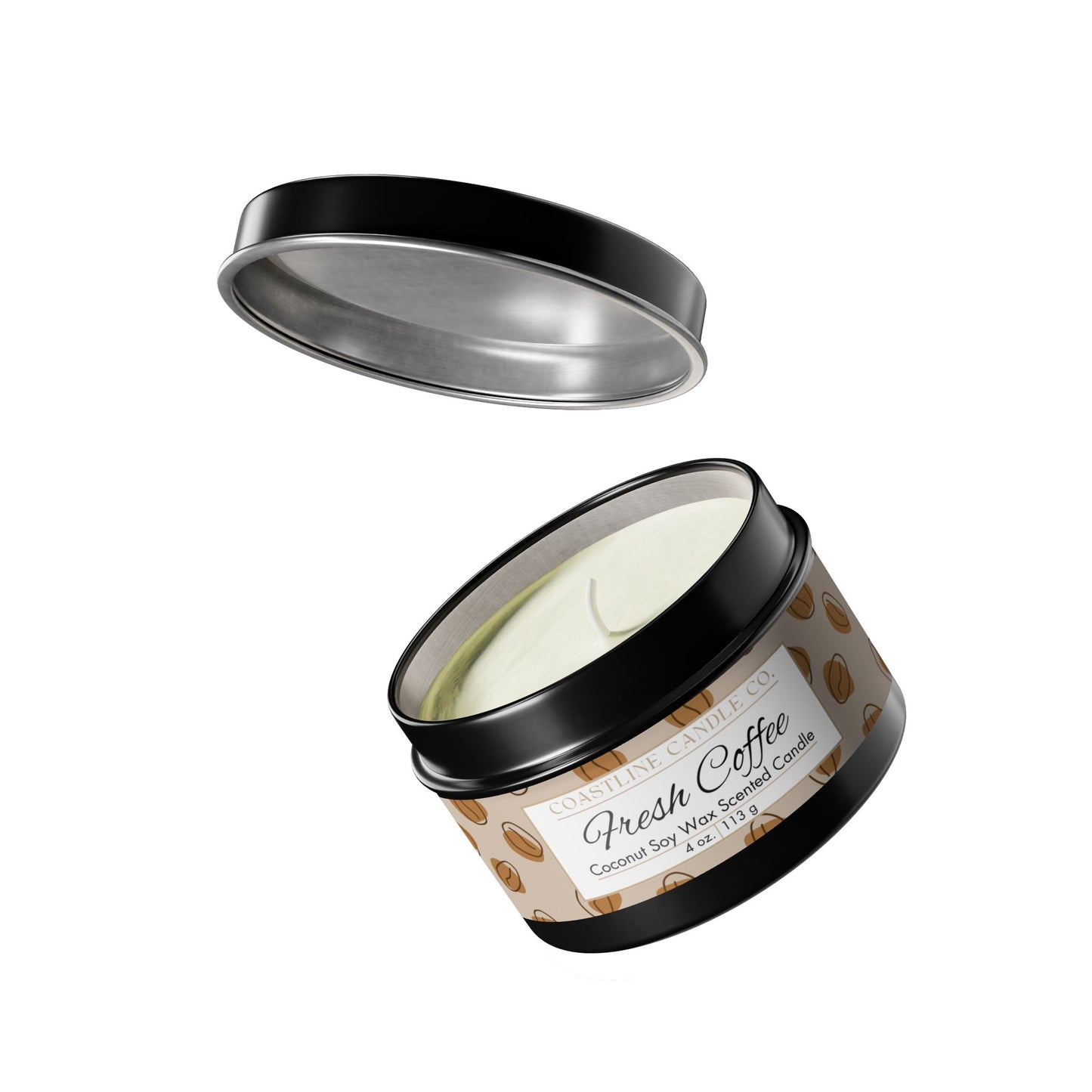 Fresh Coffee Scented Coconut Soy Wax Candle, 4 oz. Black Tin Jar with Lid