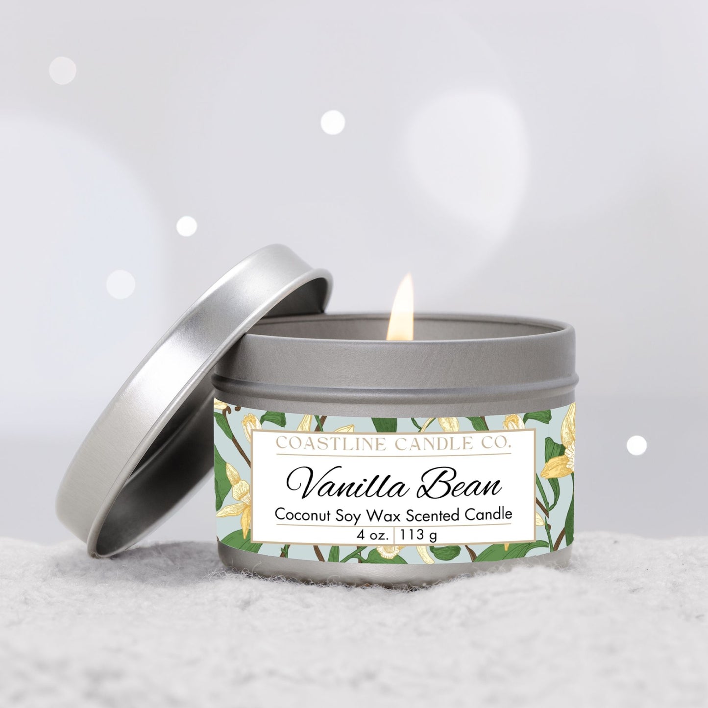Vanilla Bean Scented Coconut Soy Wax Candle, 4 oz. Silver Tin Jar with Lid