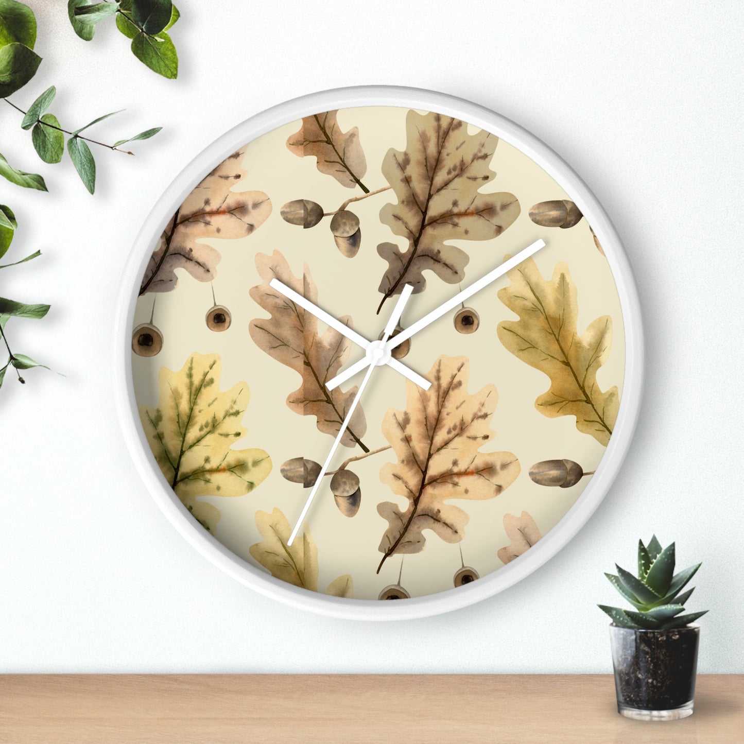 Oak Leaves Wall Clock - Select from Black, White or Natural Wood Color