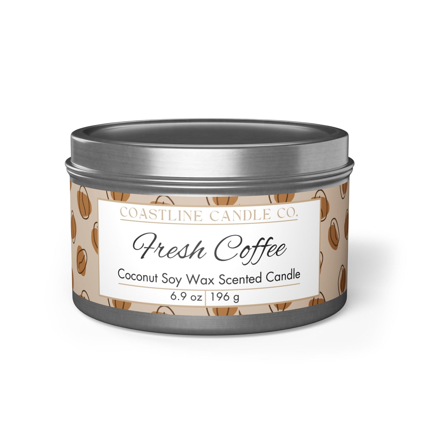 Fresh Coffee Scented Coconut Soy Wax Candle, 8oz. Silver Tin Jar with Lid