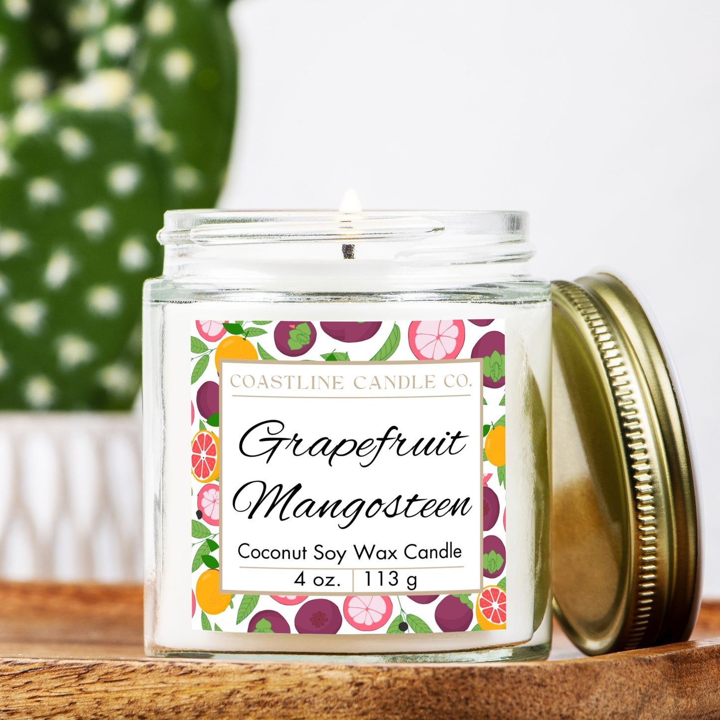 Grapefruit Mangosteen Scented 4 oz. Coconut Soy Wax Candle, Clear Jar with Gold Lid, Cotton Wick