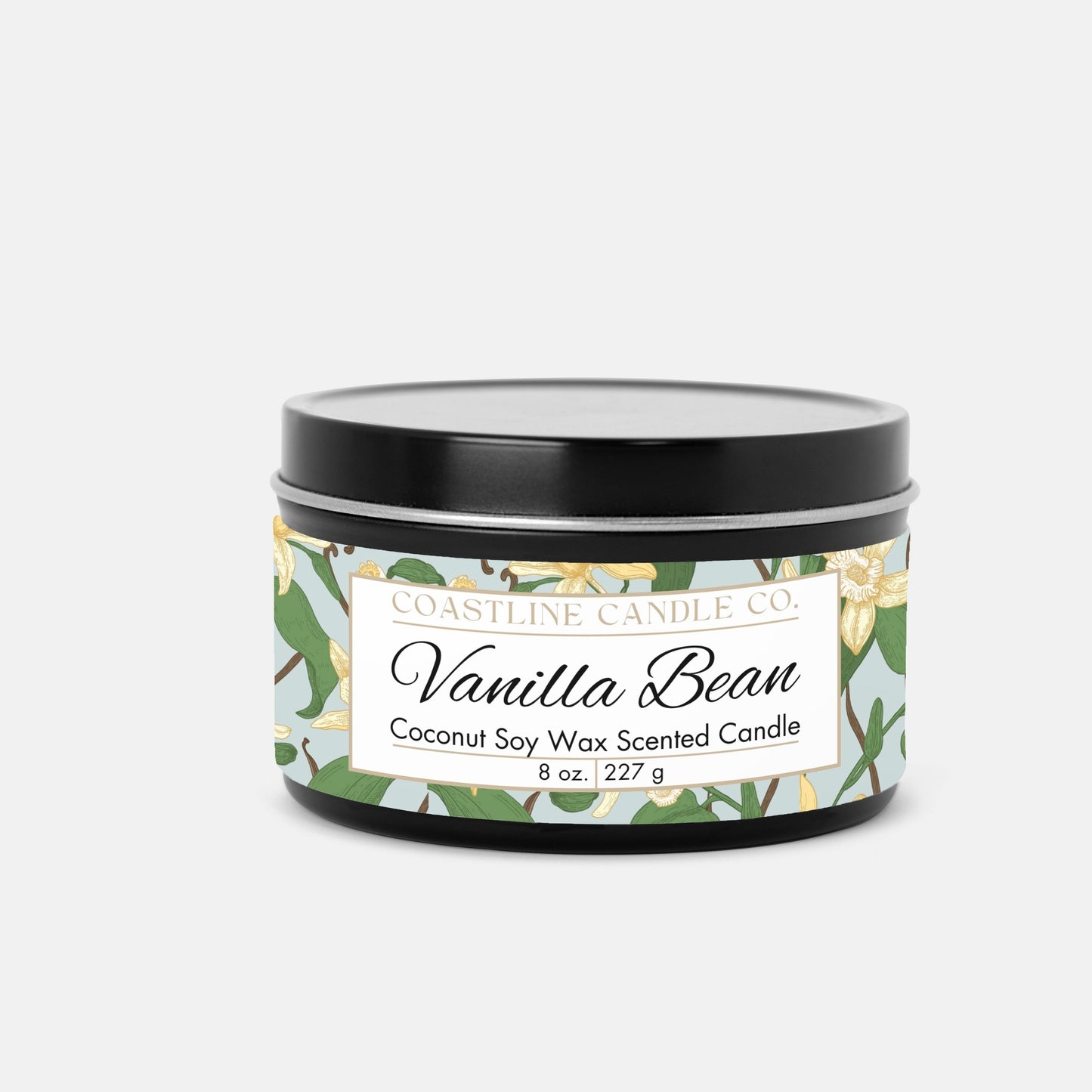 Vanilla Bean Scented Coconut Soy Wax Candle, 8 oz. Black Tin Jar with Lid