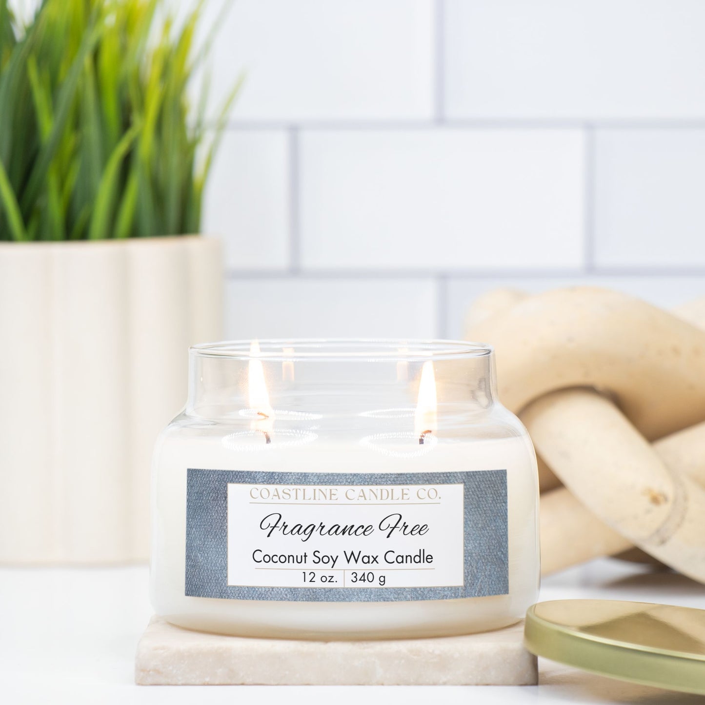 Fragrance Free 12 oz. Coconut Soy Wax Candle, Clear Apothecary Jar with Gold Lid, Double Cotton Wicks