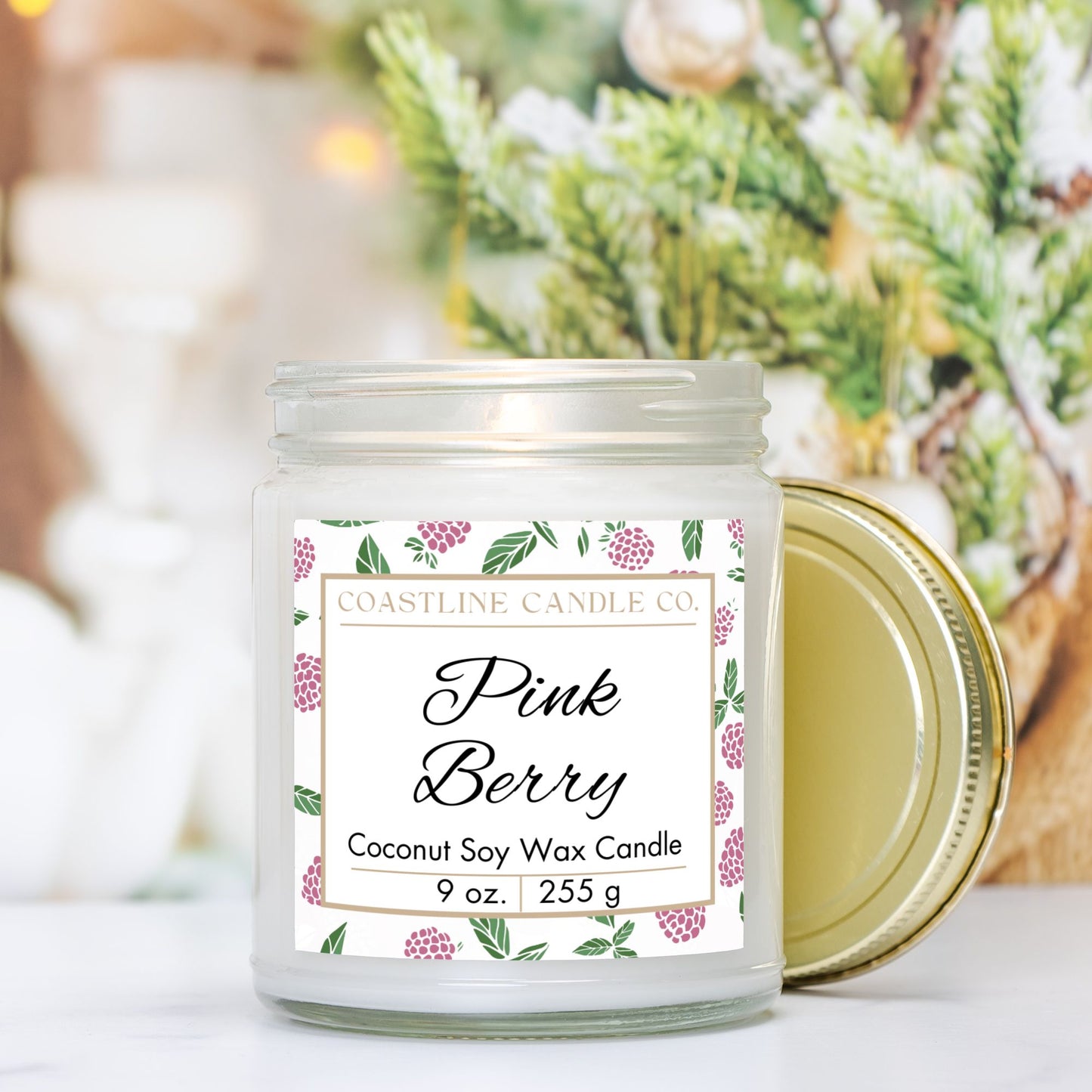 Pink Berry Scented 9 oz. Coconut Soy Wax Candle, Clear Jar with Gold Lid, Cotton Wick