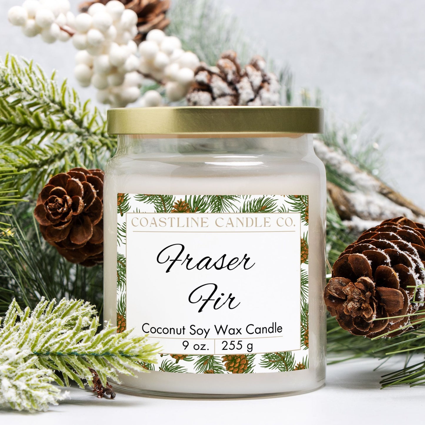Fraser Fir Scented 9 oz. Coconut Soy Wax Candle, Clear Apothecary Jar with Gold Lid, Cotton Wick