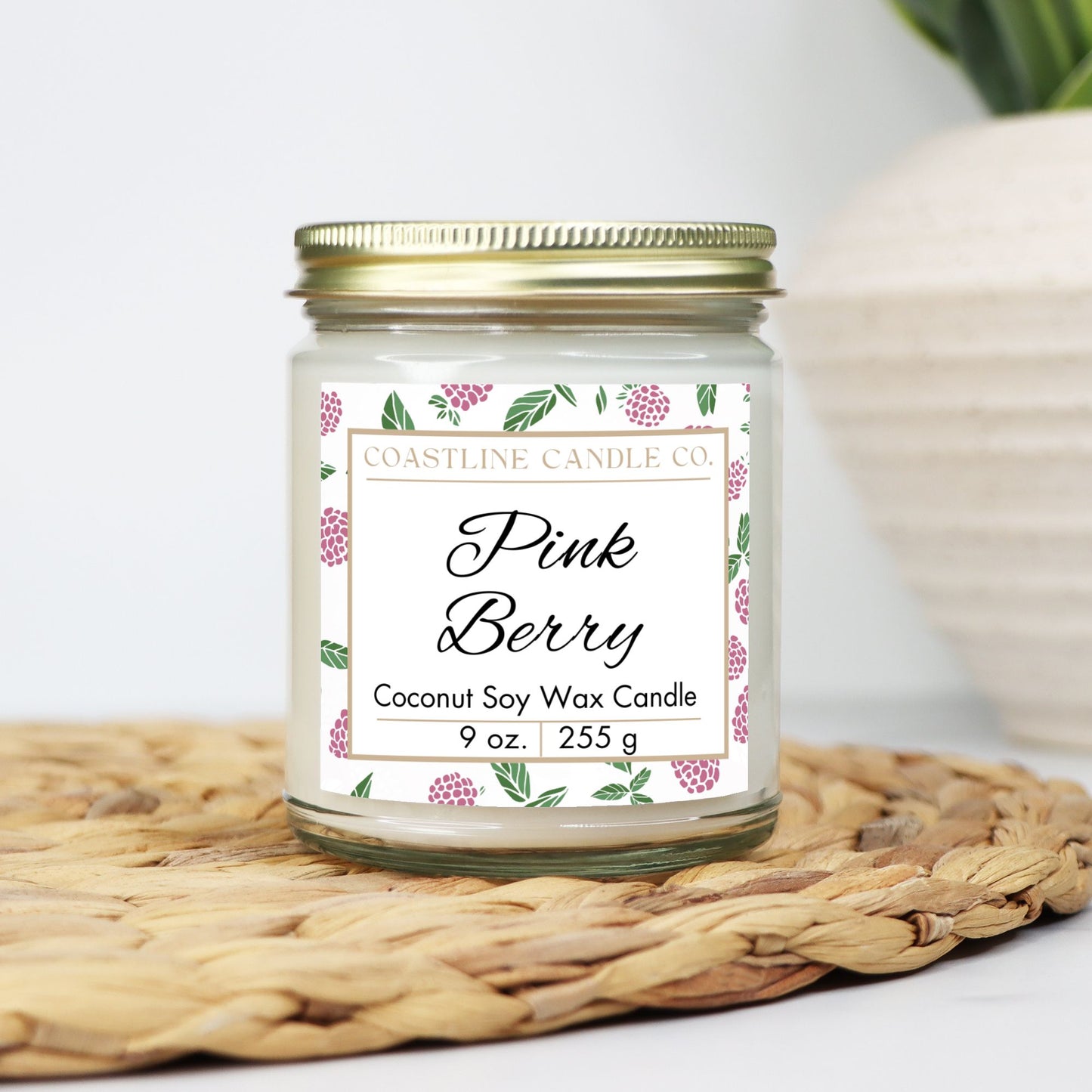 Pink Berry Scented 9 oz. Coconut Soy Wax Candle, Clear Jar with Gold Lid, Cotton Wick