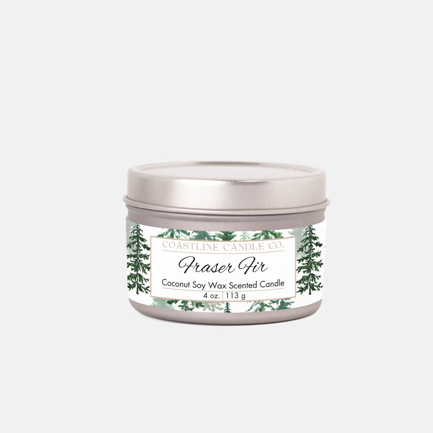 Fraser Fir Scented Coconut Soy Wax Candle, 4 oz. Silver Tin Jar with Lid