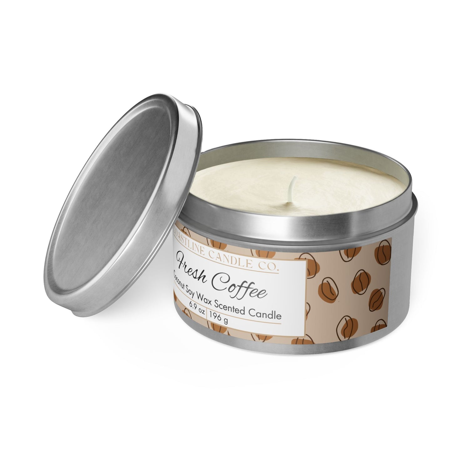 Fresh Coffee Scented Coconut Soy Wax Candle, 8oz. Silver Tin Jar with Lid