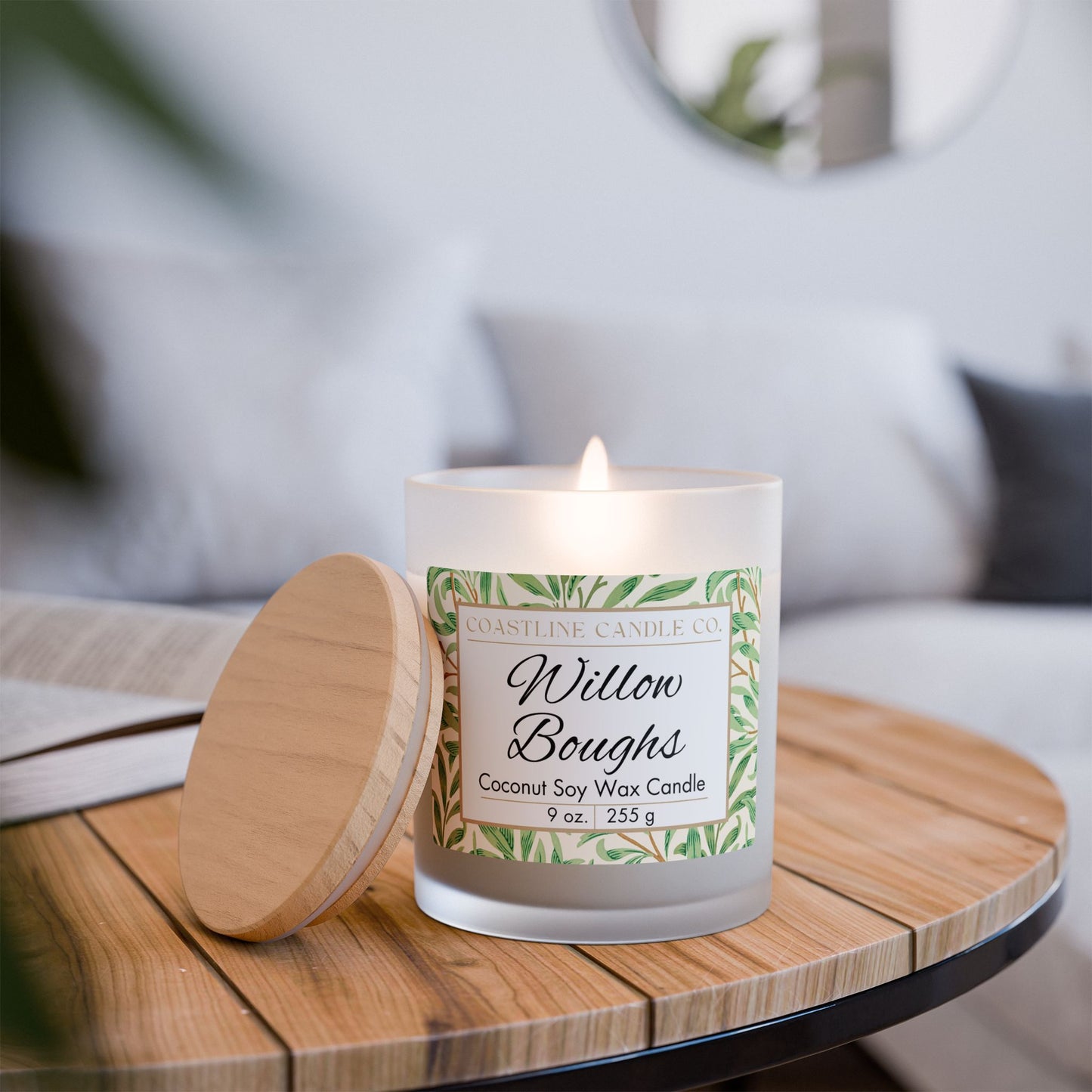 Willow Boughs Scented 9 oz. Coconut Soy Wax Candle, Frosted Jar with Wood Wick and Maple Wood Lid