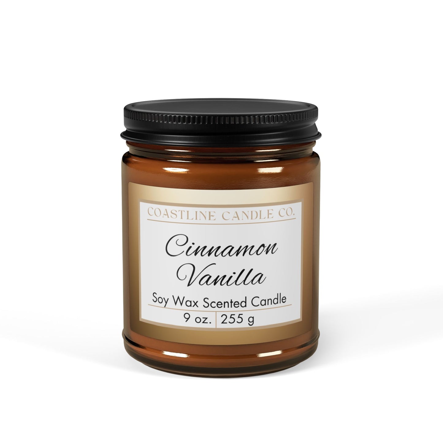 Cinnamon Vanilla Scented Soy Wax Candle, 9oz Amber Jar with Black Lid