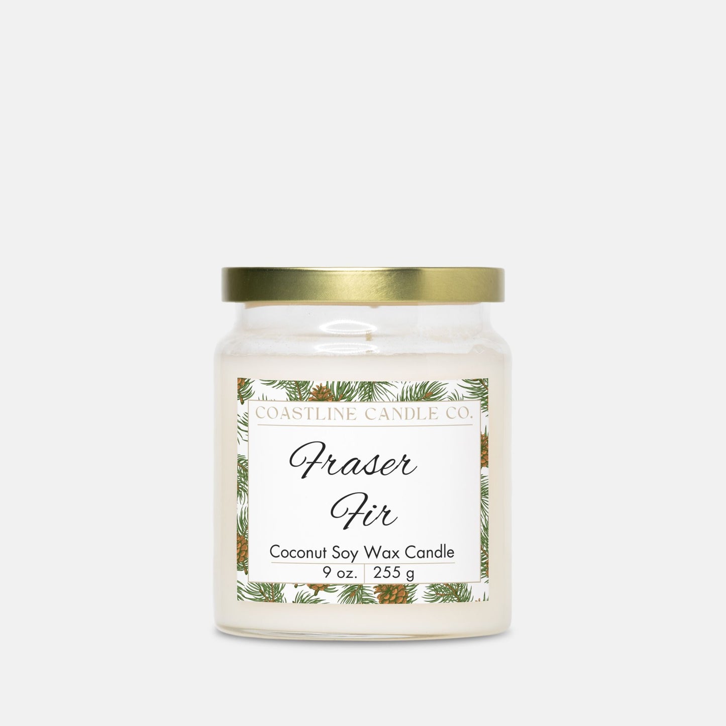 Fraser Fir Scented 9 oz. Coconut Soy Wax Candle, Clear Apothecary Jar with Gold Lid, Cotton Wick