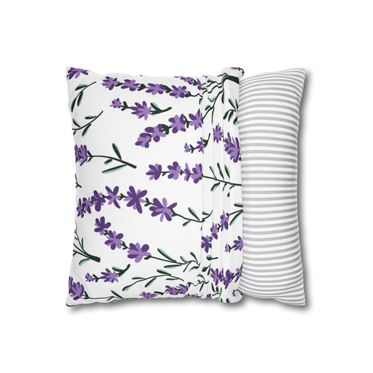 Lavender White Printed Square Pillow Cover (no insert) -  Multiple Sizes (14"x14", 16"x16", 18"x18", 20"x20"), Includes zipper closure