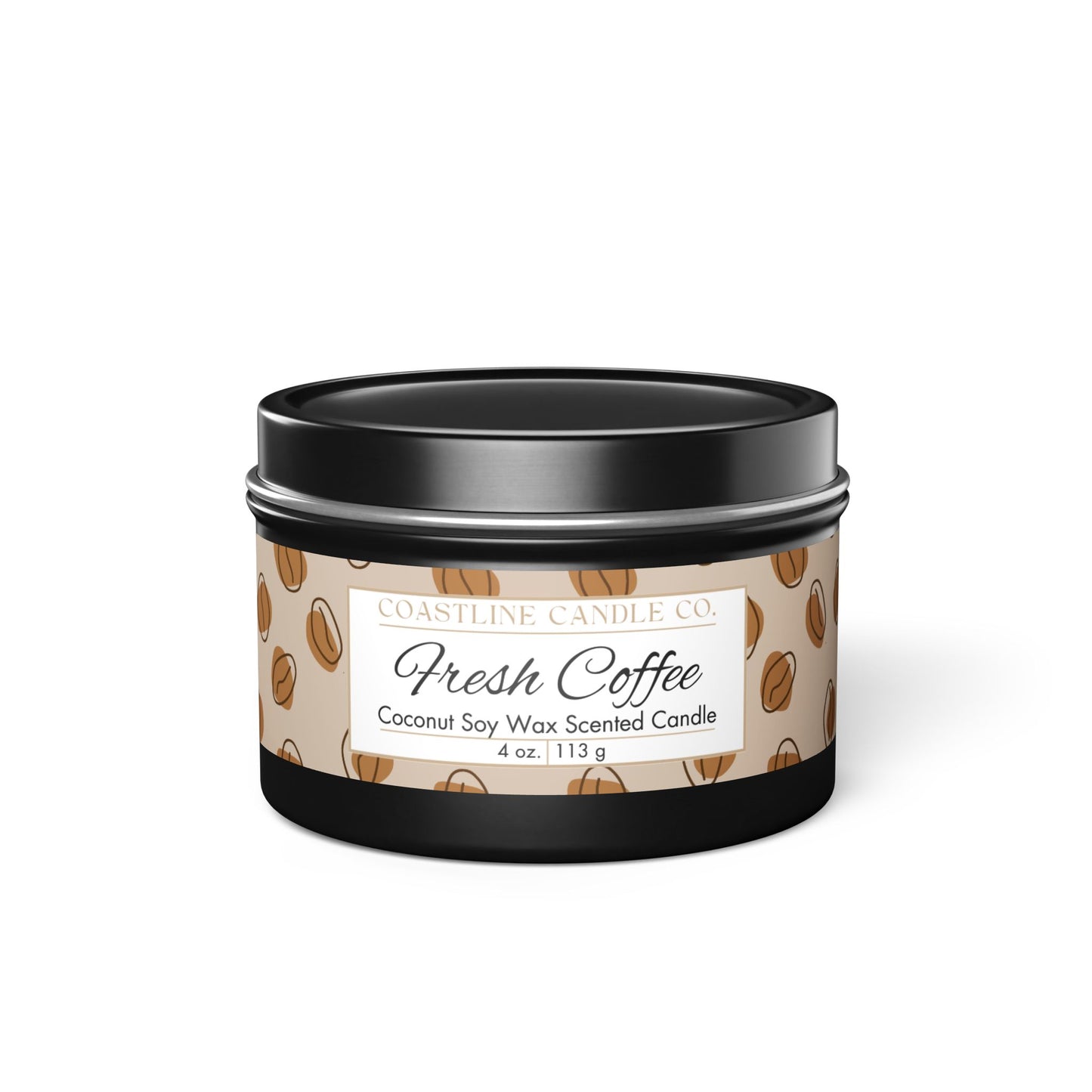 Fresh Coffee Scented Coconut Soy Wax Candle, 4 oz. Black Tin Jar with Lid