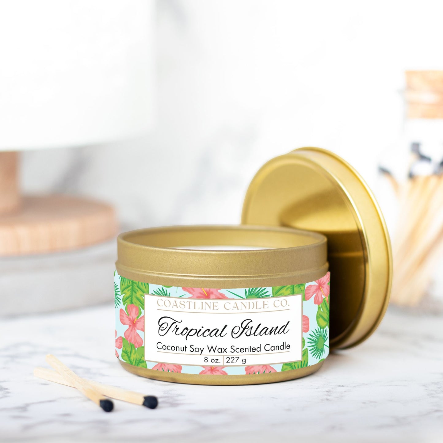 Tropical Island Scented Coconut Soy Wax Candle, 8 oz. Gold Tin Jar with Lid