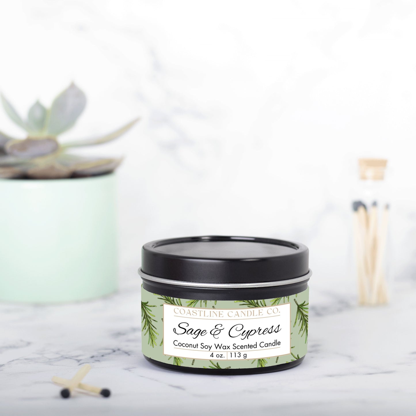 Sage & Cypress Scented Coconut Soy Wax Candle, 4 oz. Black Tin Jar with Lid