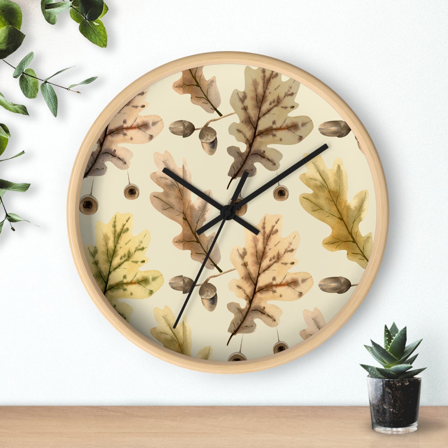 Oak Leaves Wall Clock - Select from Black, White or Natural Wood Color