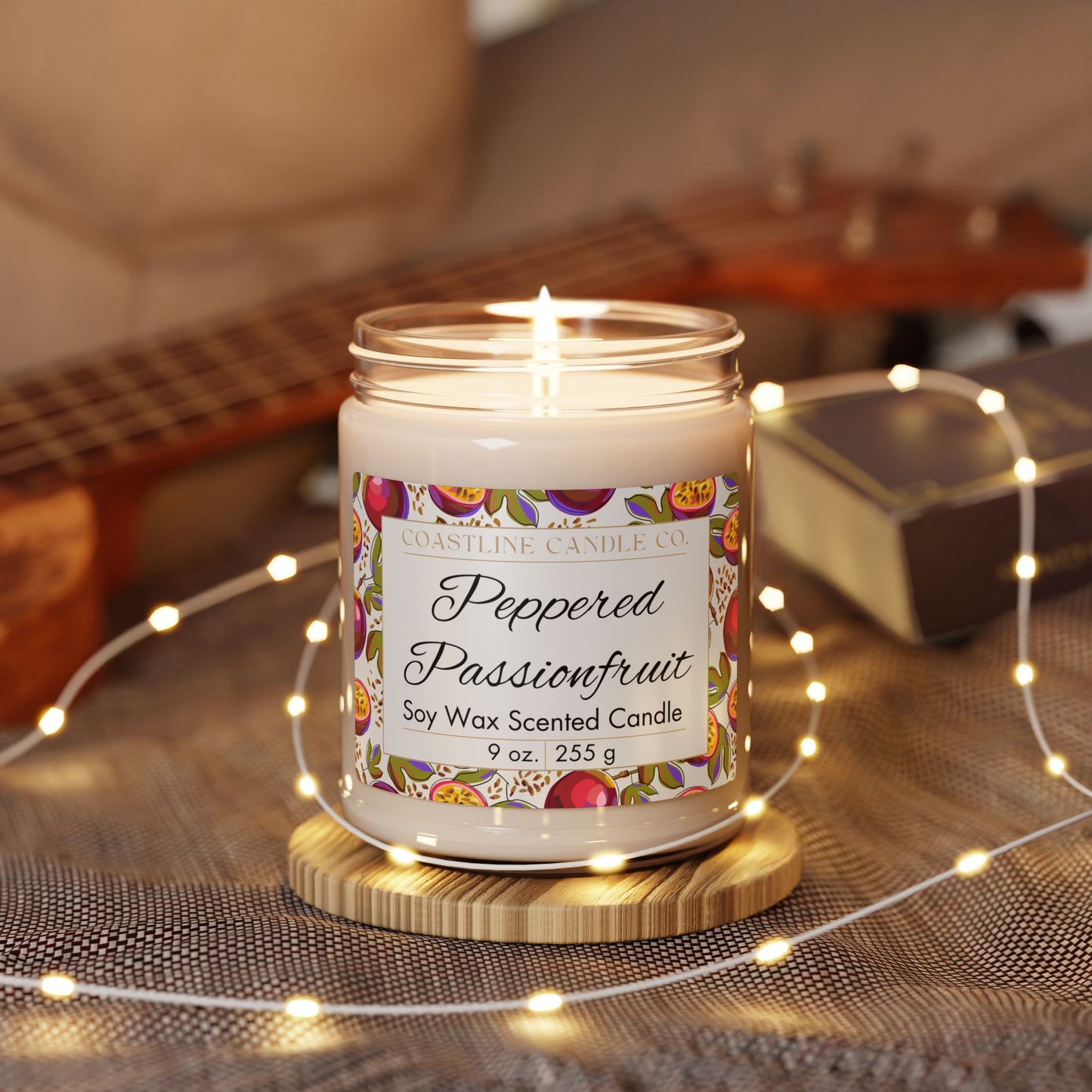 Peppered Passionfruit Scented Soy Wax Candle, 9oz Clear Jar with Black Lid