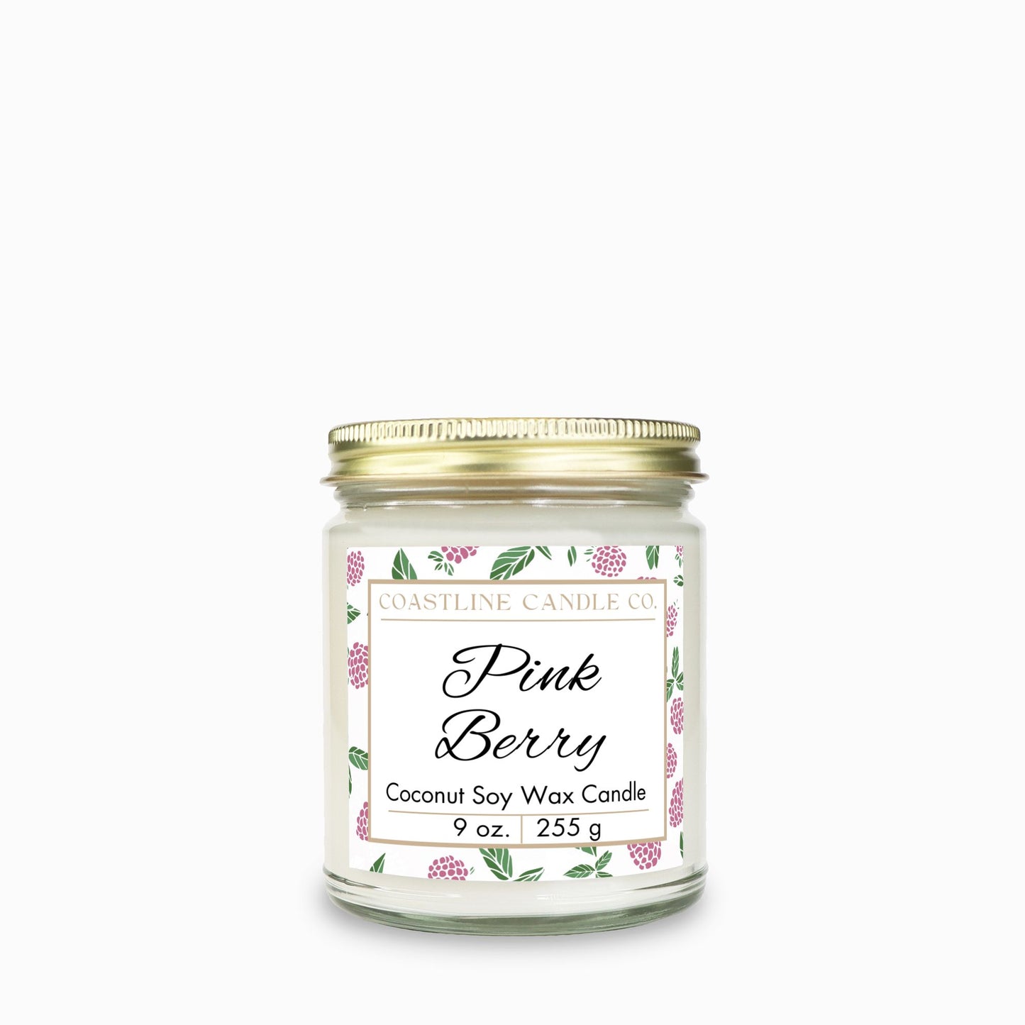 Pink Berry Scented 9 oz. Coconut Soy Wax Candle, Clear Jar with Gold Lid, Cotton Wick